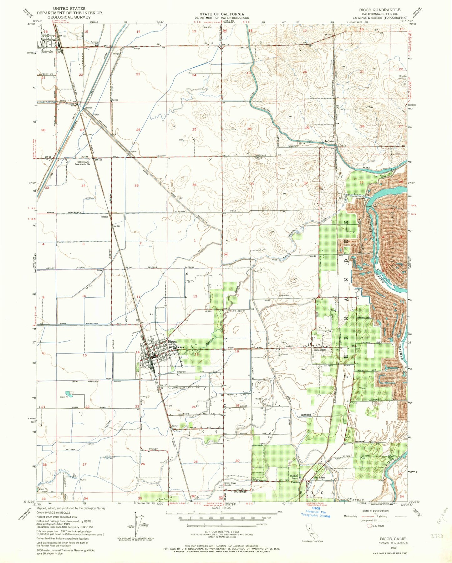 Classic USGS Biggs California 7.5'x7.5' Topo Map Image