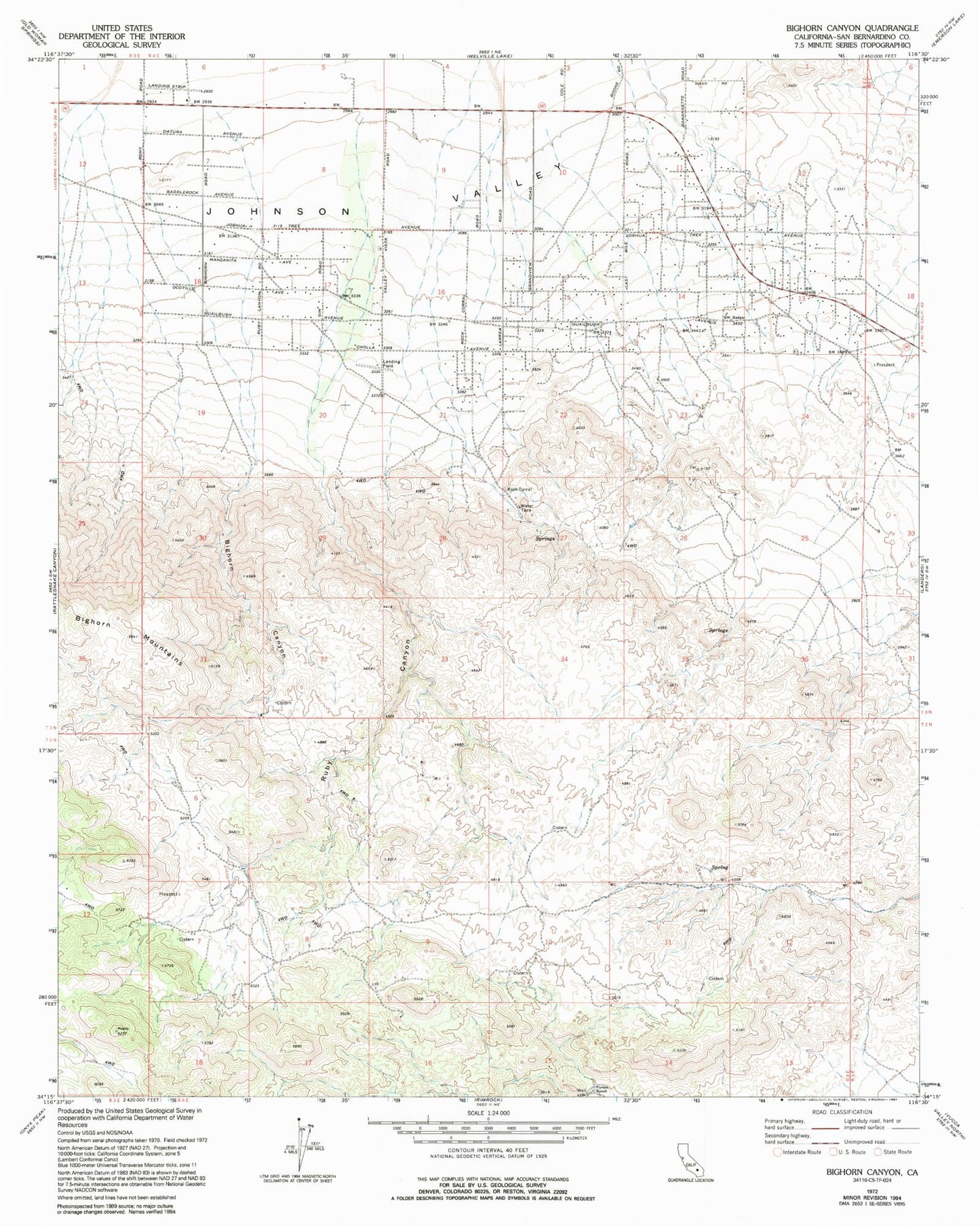 Classic USGS Bighorn Canyon California 7.5'x7.5' Topo Map Image