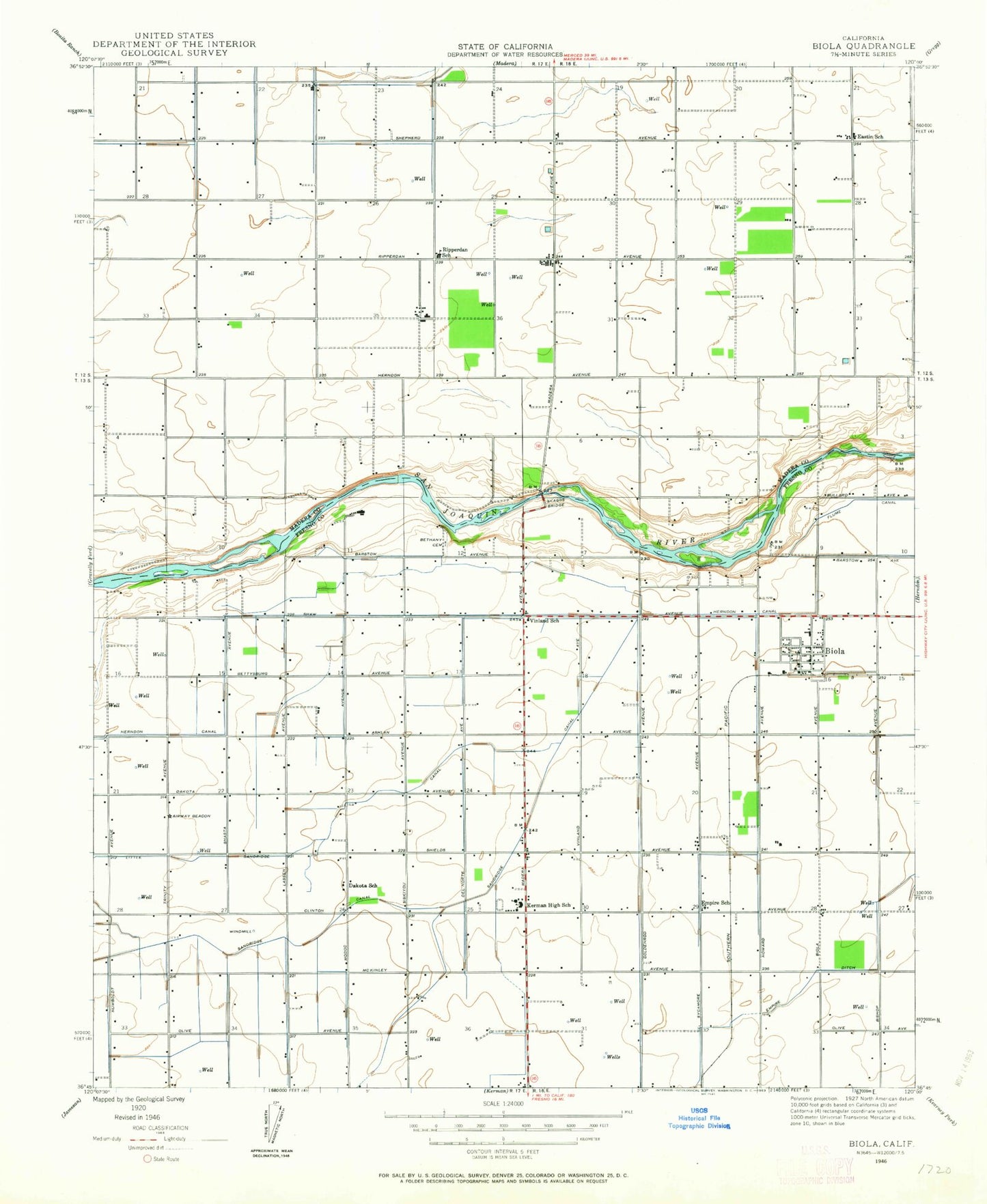Classic USGS Biola California 7.5'x7.5' Topo Map Image
