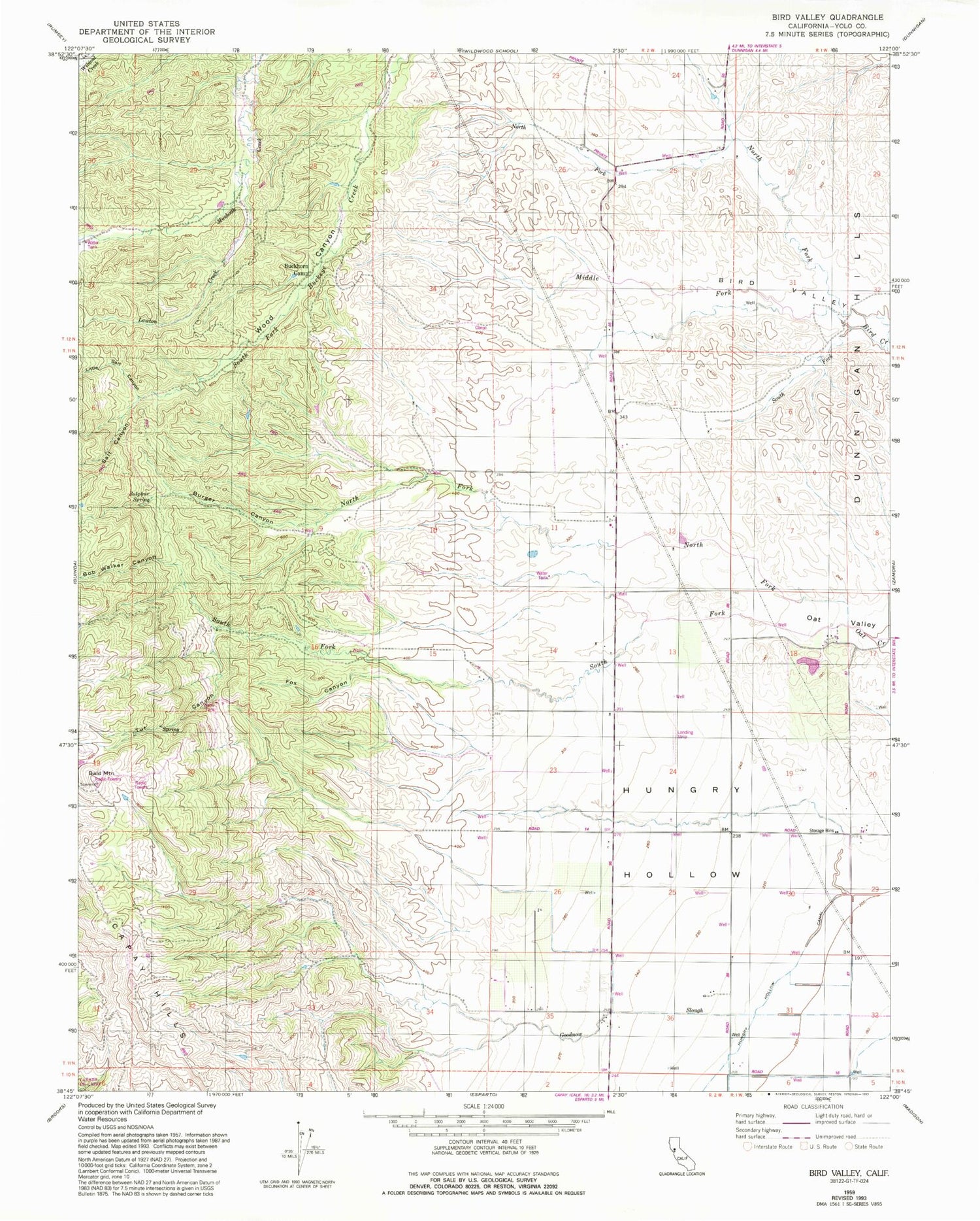 Classic USGS Bird Valley California 7.5'x7.5' Topo Map Image