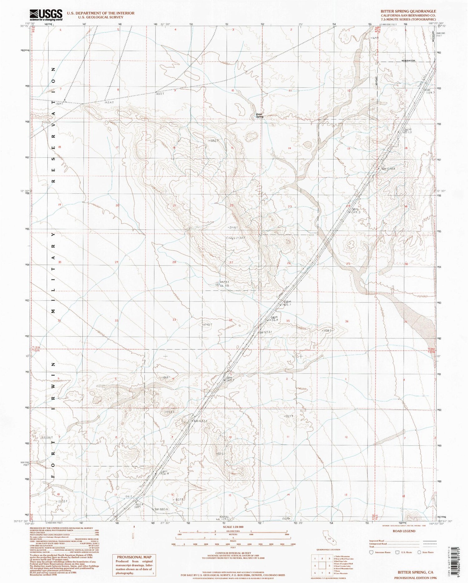 Classic USGS Bitter Spring California 7.5'x7.5' Topo Map Image