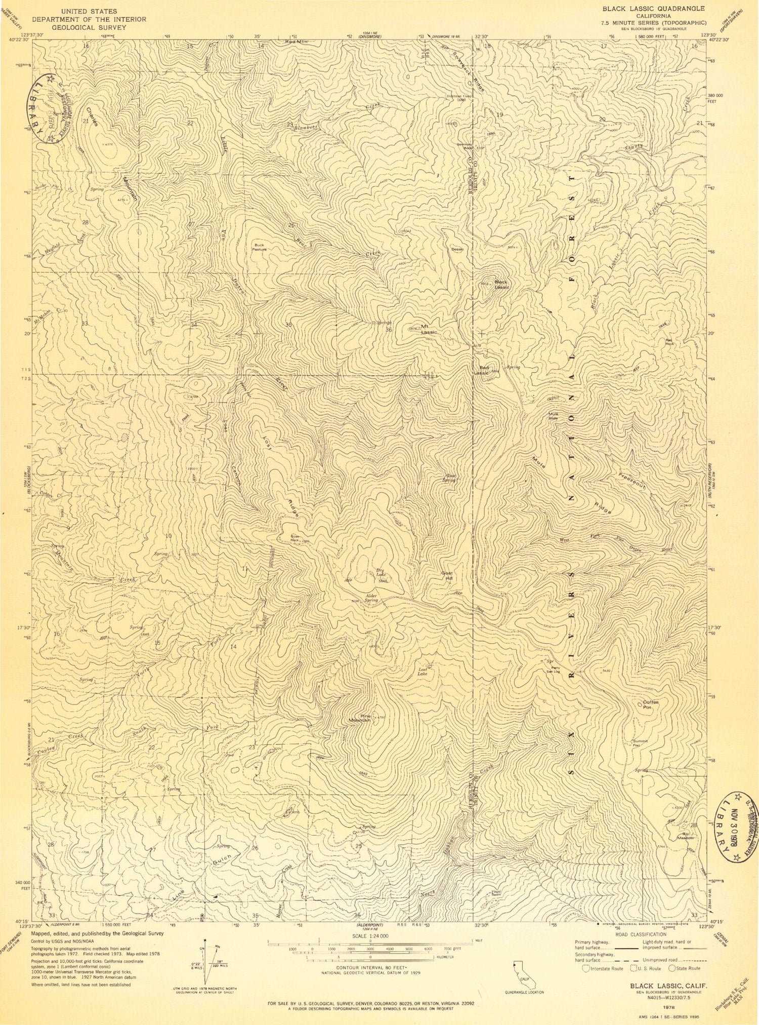 Classic USGS Black Lassic California 7.5'x7.5' Topo Map Image