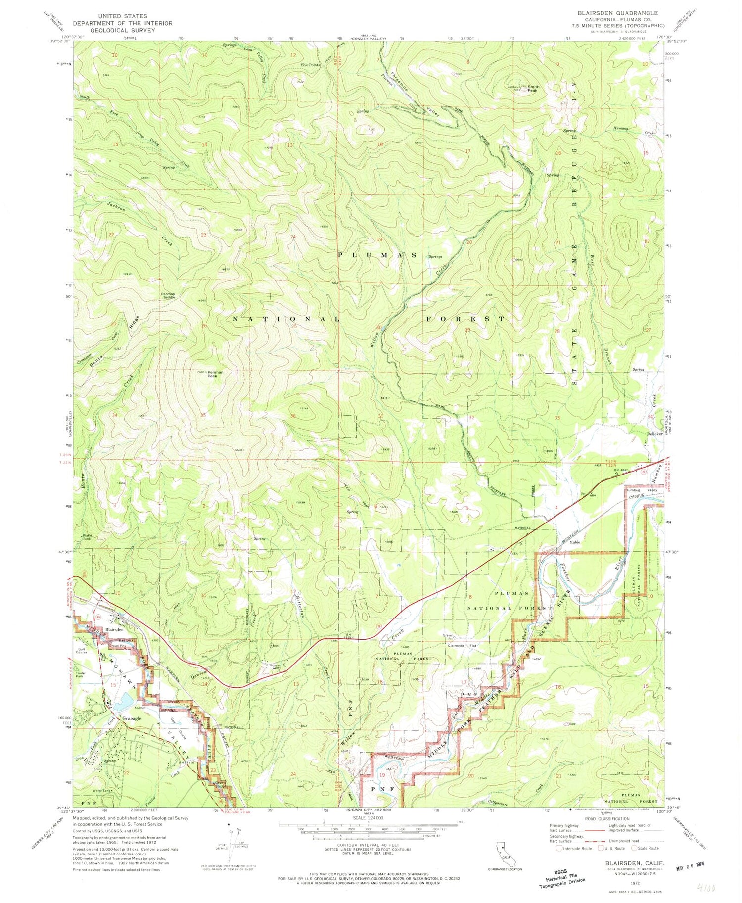 Classic USGS Blairsden California 7.5'x7.5' Topo Map Image