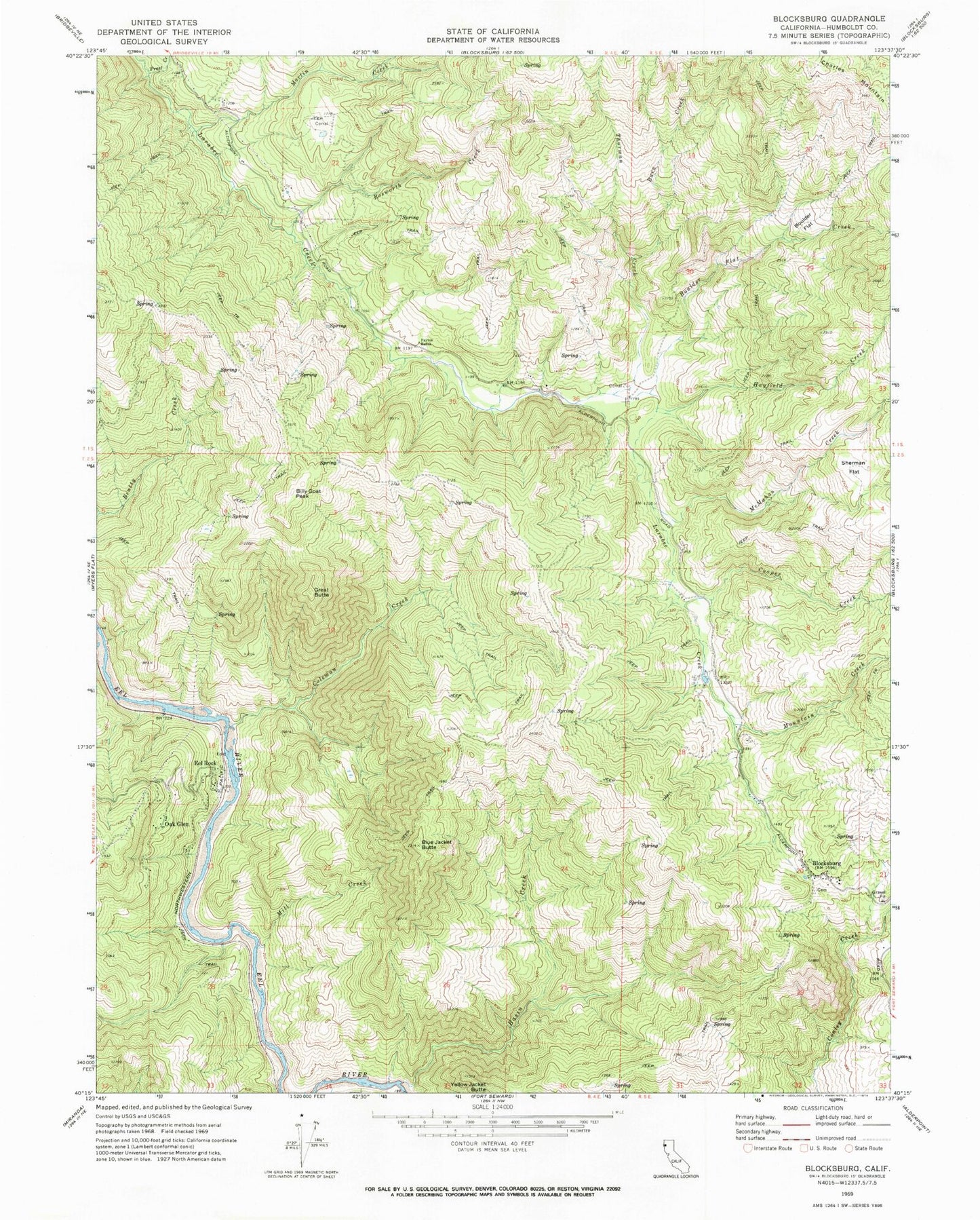 Classic USGS Blocksburg California 7.5'x7.5' Topo Map Image