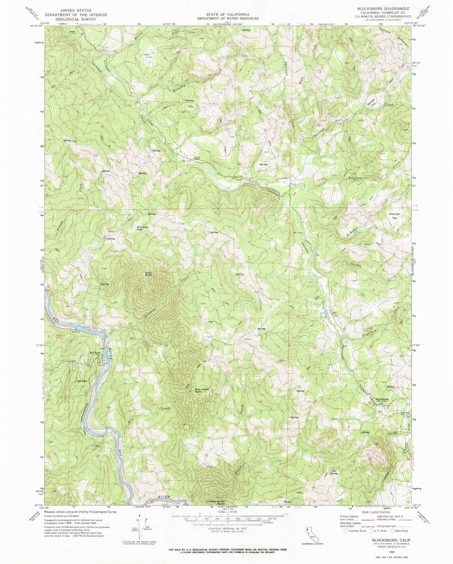 Classic USGS Blocksburg California 7.5'x7.5' Topo Map Image