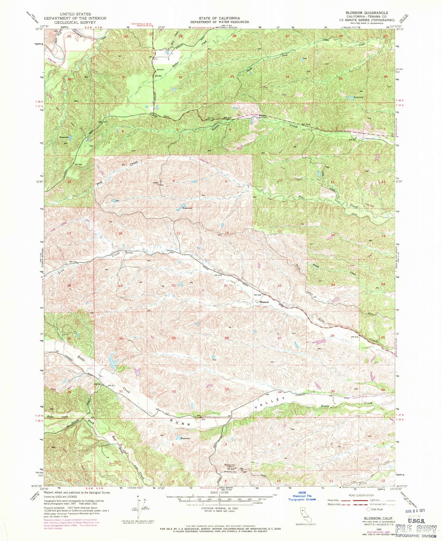 Classic USGS Blossom California 7.5'x7.5' Topo Map Image