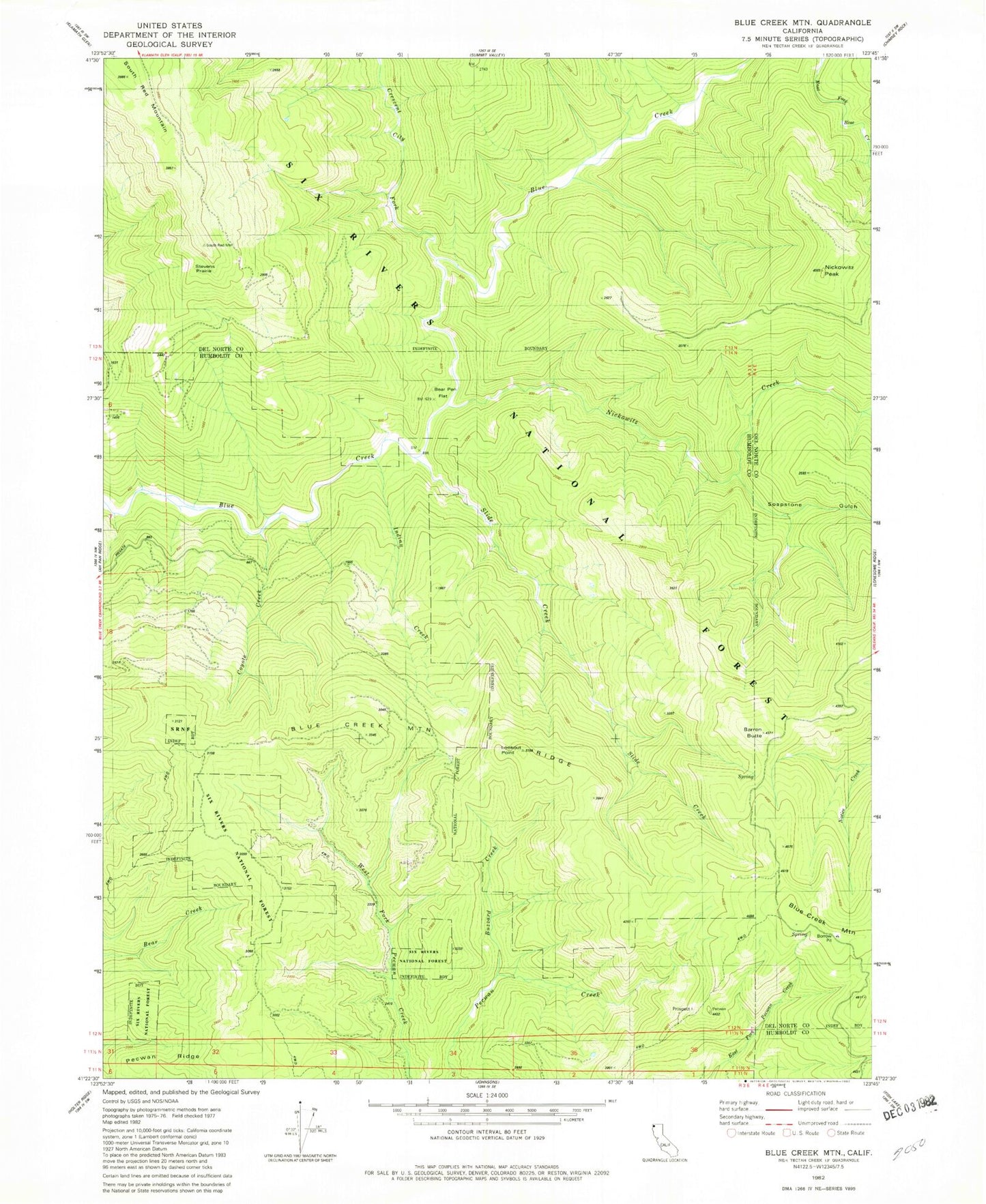 Classic USGS Blue Creek Mountain California 7.5'x7.5' Topo Map Image