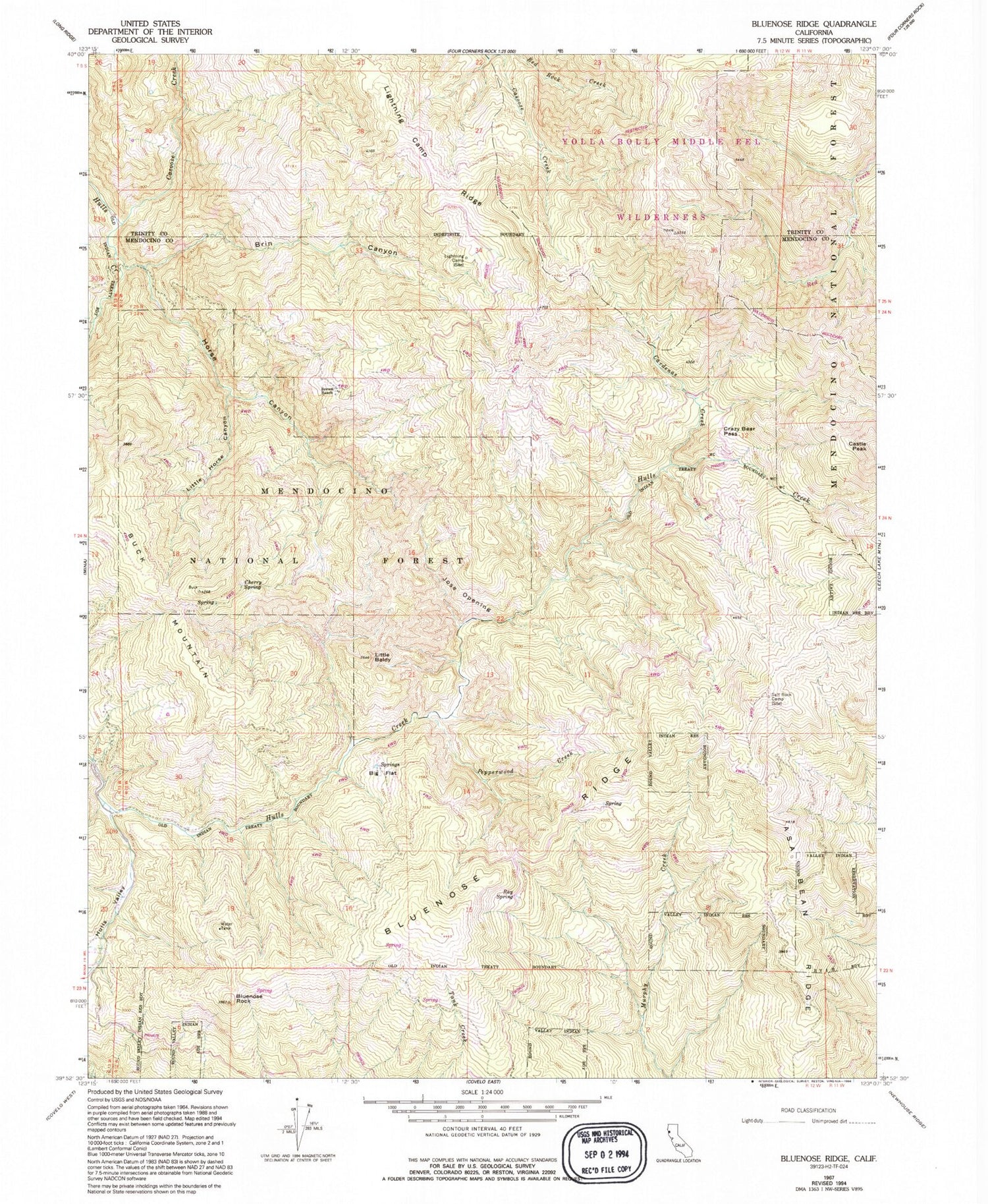 Classic USGS Bluenose Ridge California 7.5'x7.5' Topo Map Image