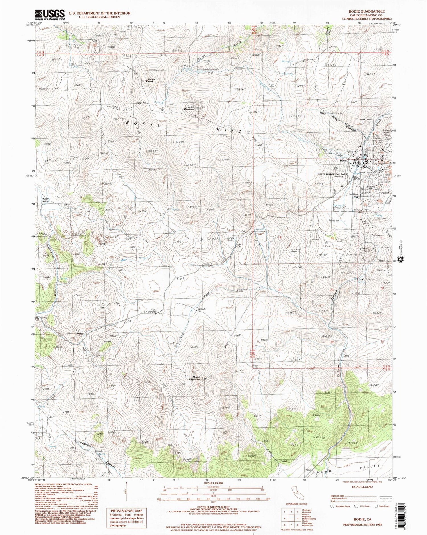 Classic USGS Bodie California 7.5'x7.5' Topo Map Image