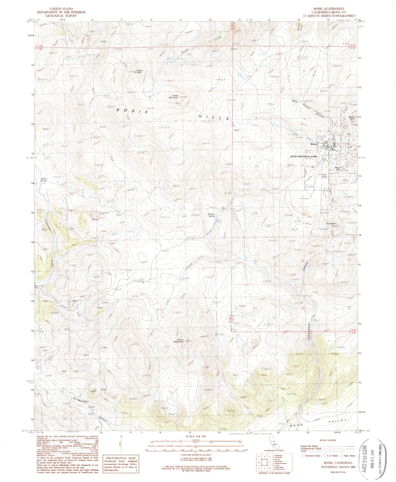 Classic USGS Bodie California 7.5'x7.5' Topo Map Image