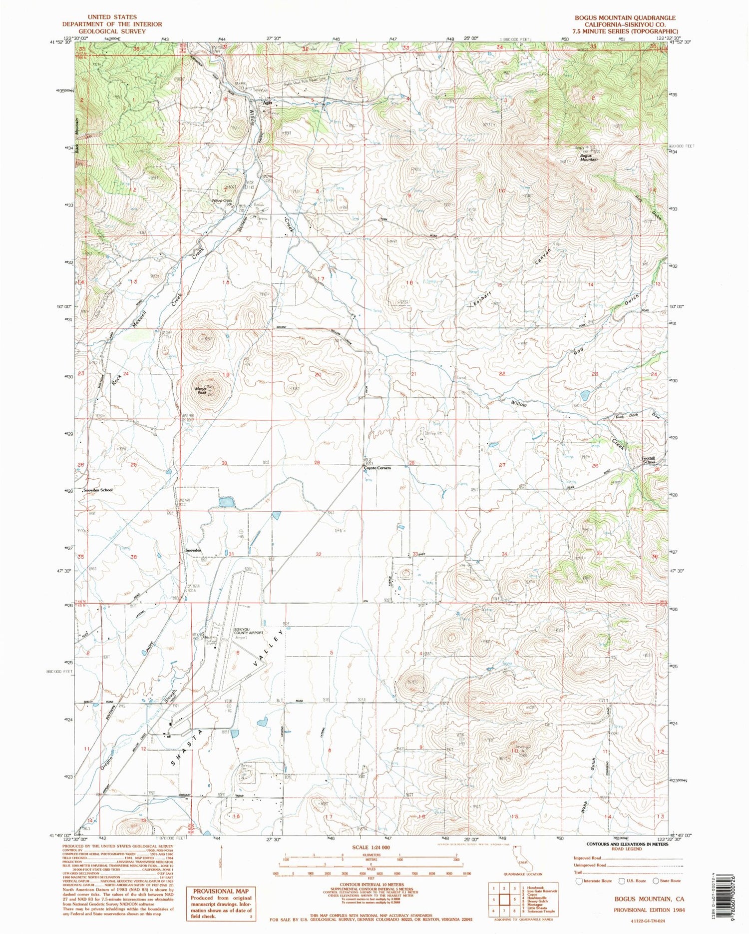 Classic USGS Bogus Mountain California 7.5'x7.5' Topo Map Image