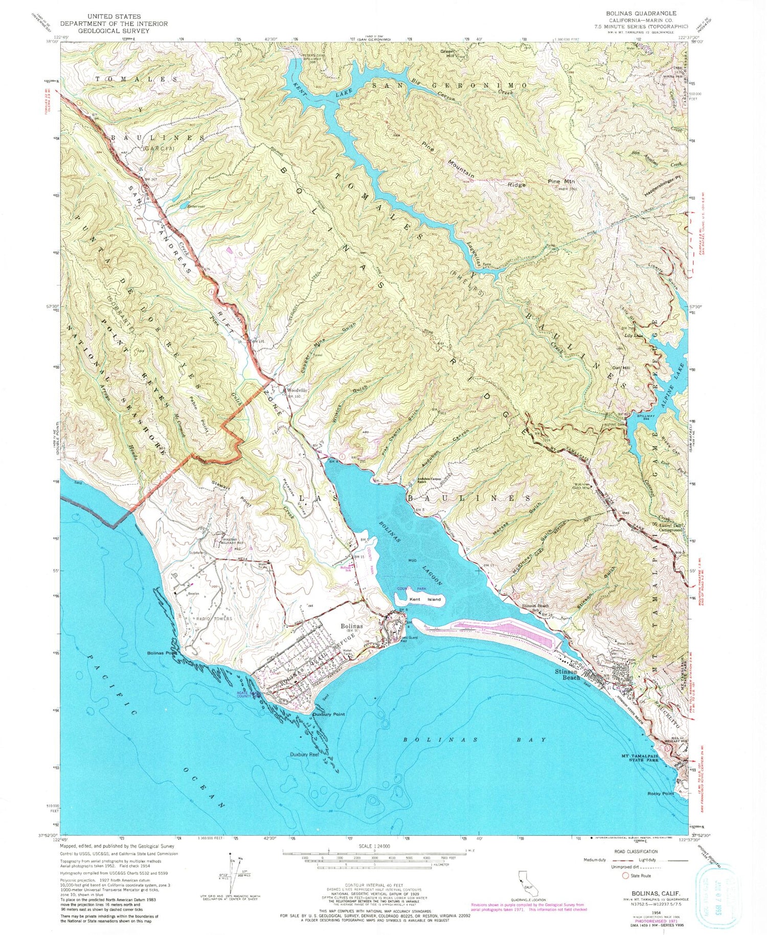 Classic USGS Bolinas California 7.5'x7.5' Topo Map Image