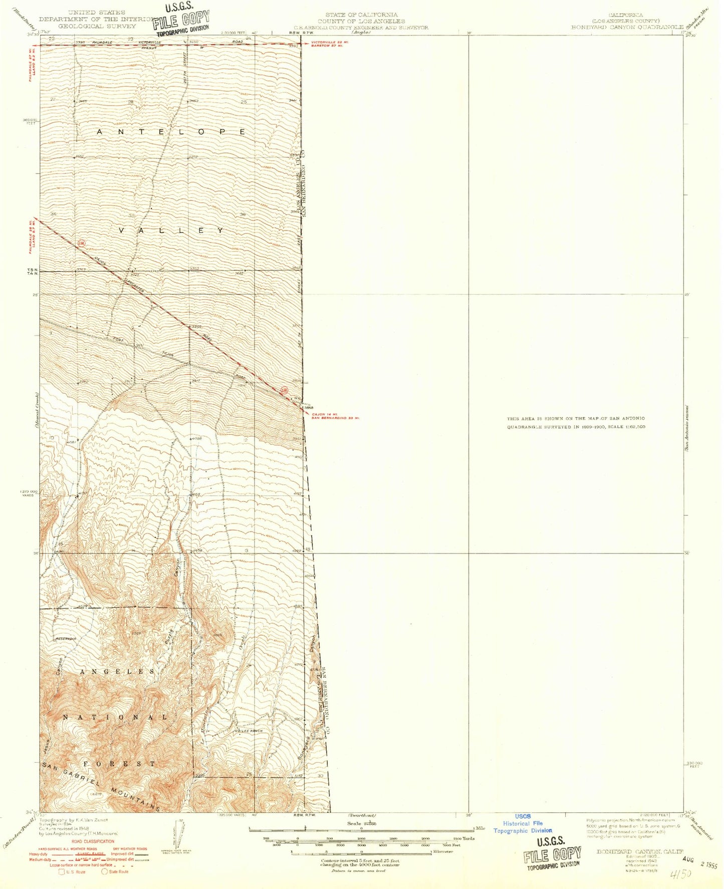 Classic USGS Boneyard Canyon California 7.5'x7.5' Topo Map Image