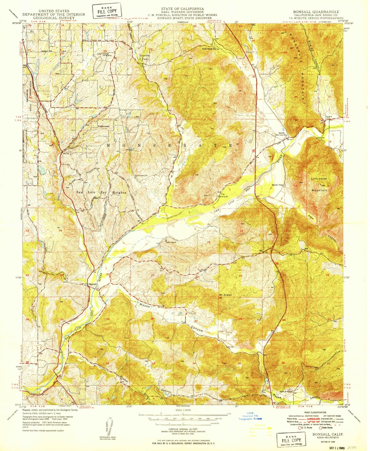 Classic USGS Bonsall California 7.5'x7.5' Topo Map Image