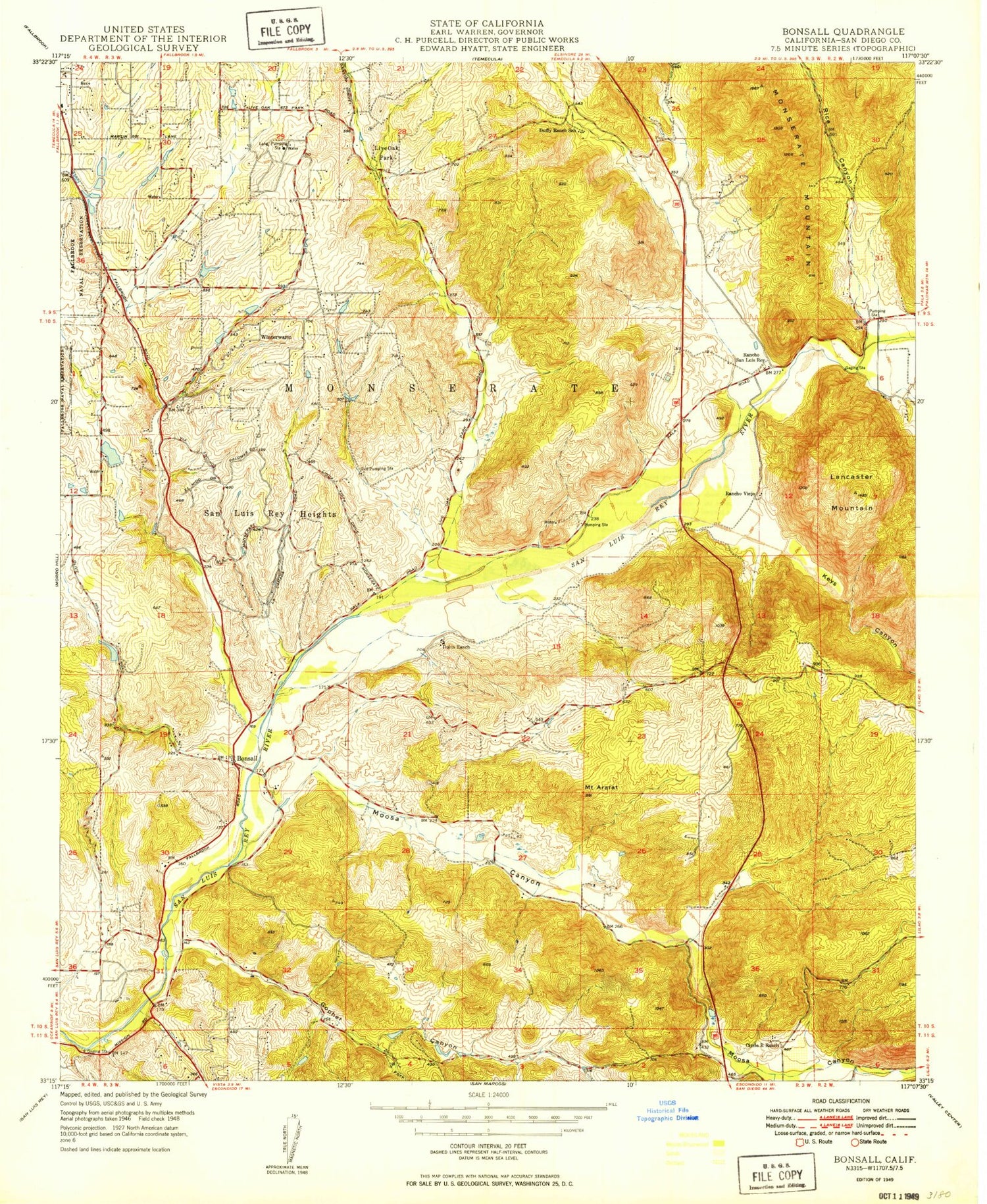 Classic USGS Bonsall California 7.5'x7.5' Topo Map Image