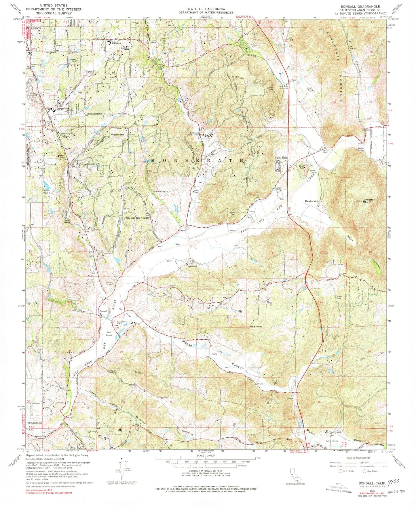 Classic USGS Bonsall California 7.5'x7.5' Topo Map Image