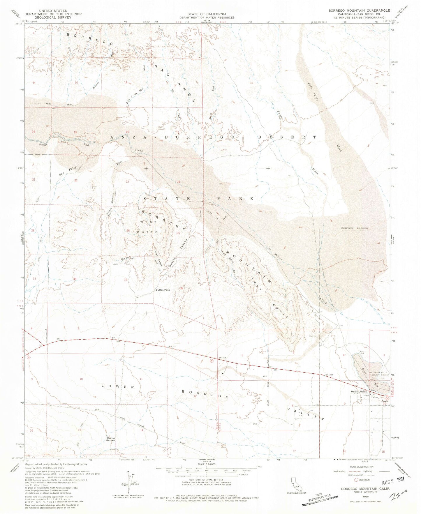 Classic USGS Borrego Mountain California 7.5'x7.5' Topo Map Image