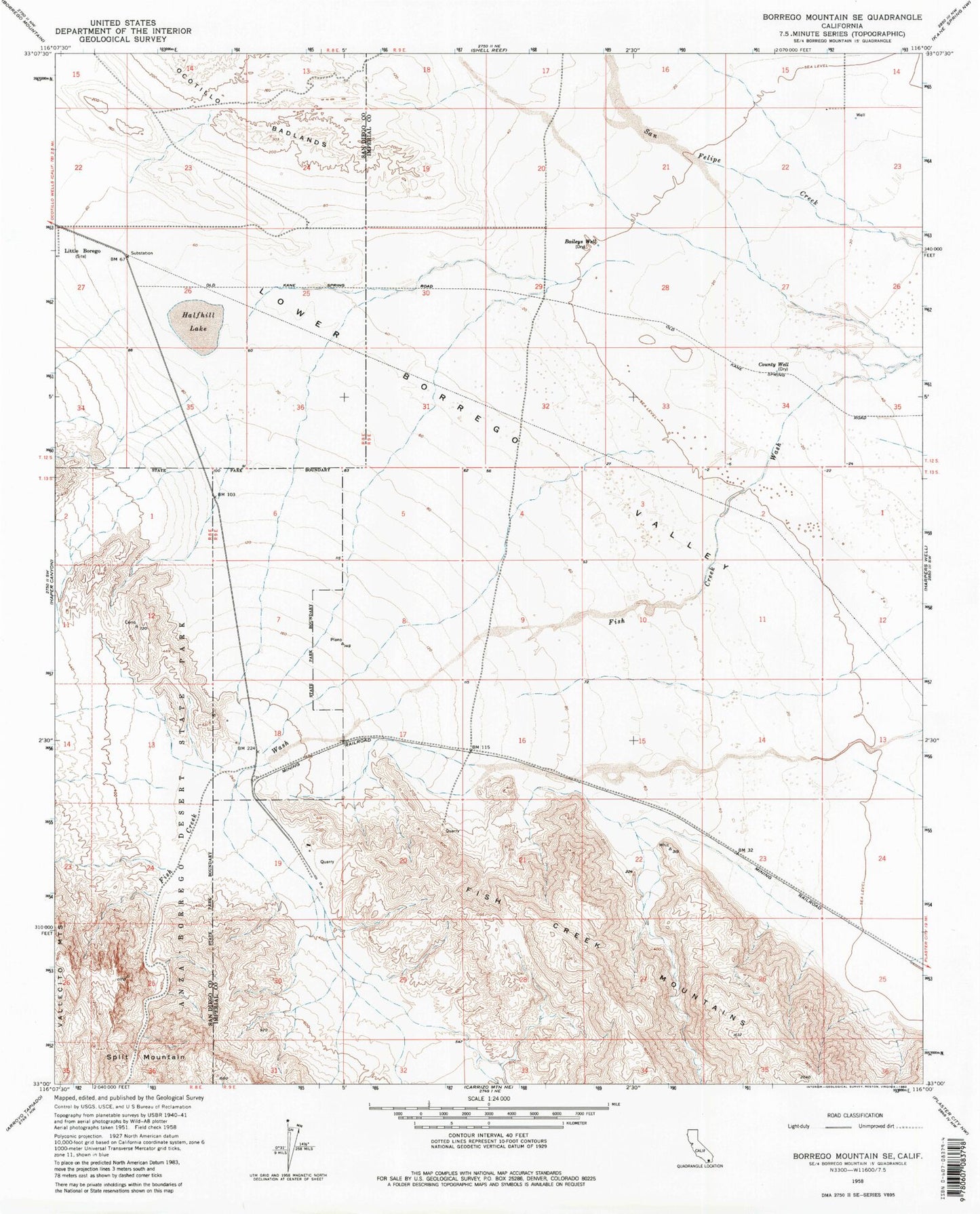 Classic USGS Borrego Mountain SE California 7.5'x7.5' Topo Map Image
