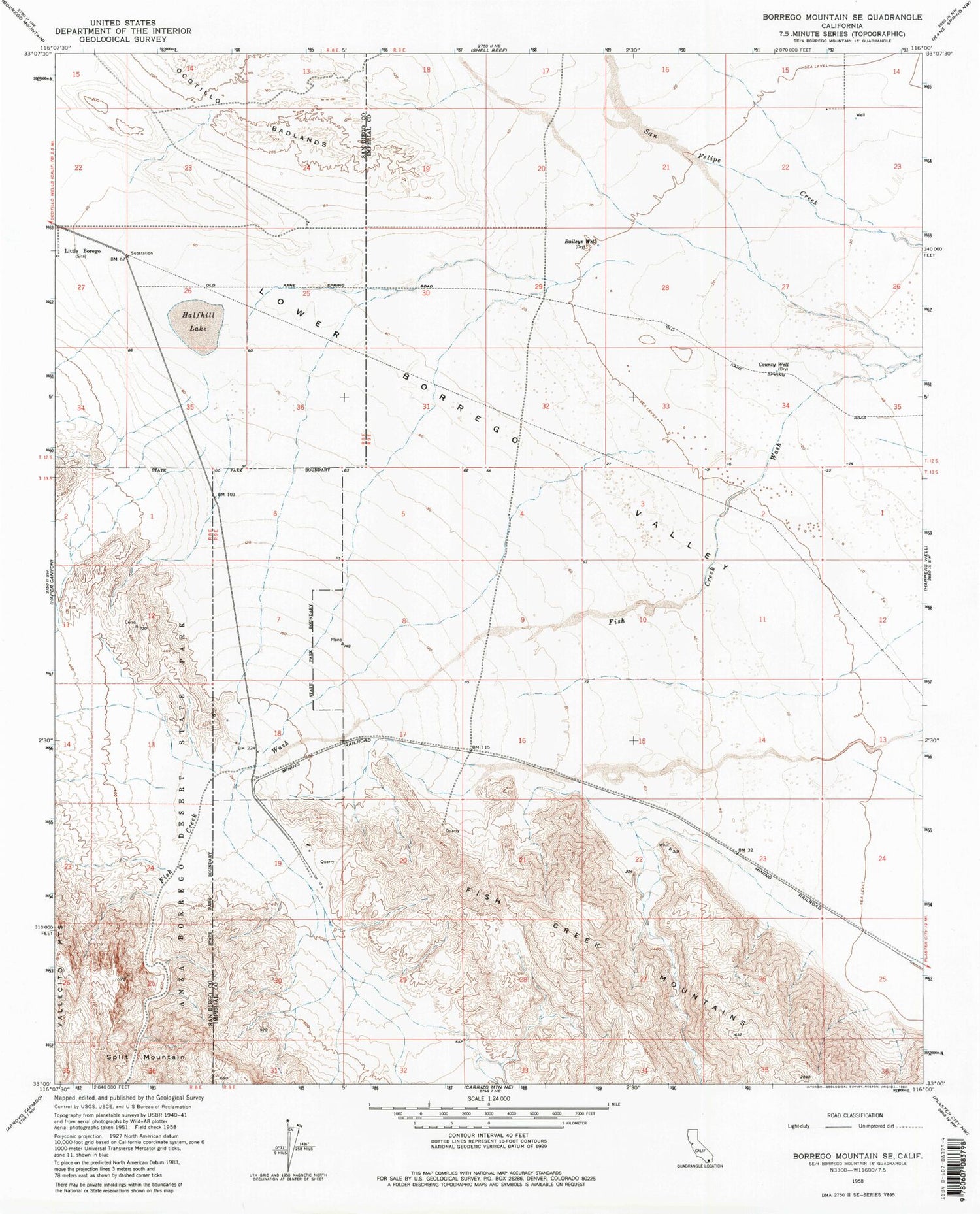 Classic USGS Borrego Mountain SE California 7.5'x7.5' Topo Map Image