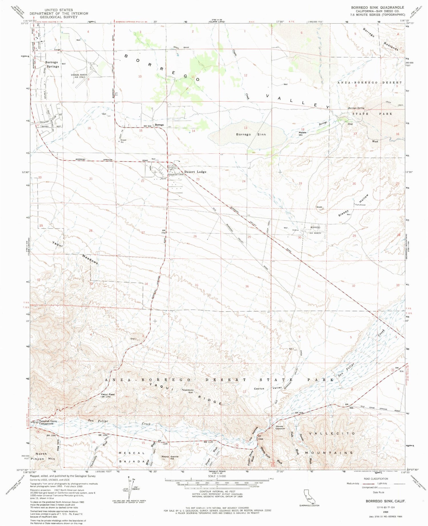 Classic USGS Borrego Sink California 7.5'x7.5' Topo Map Image