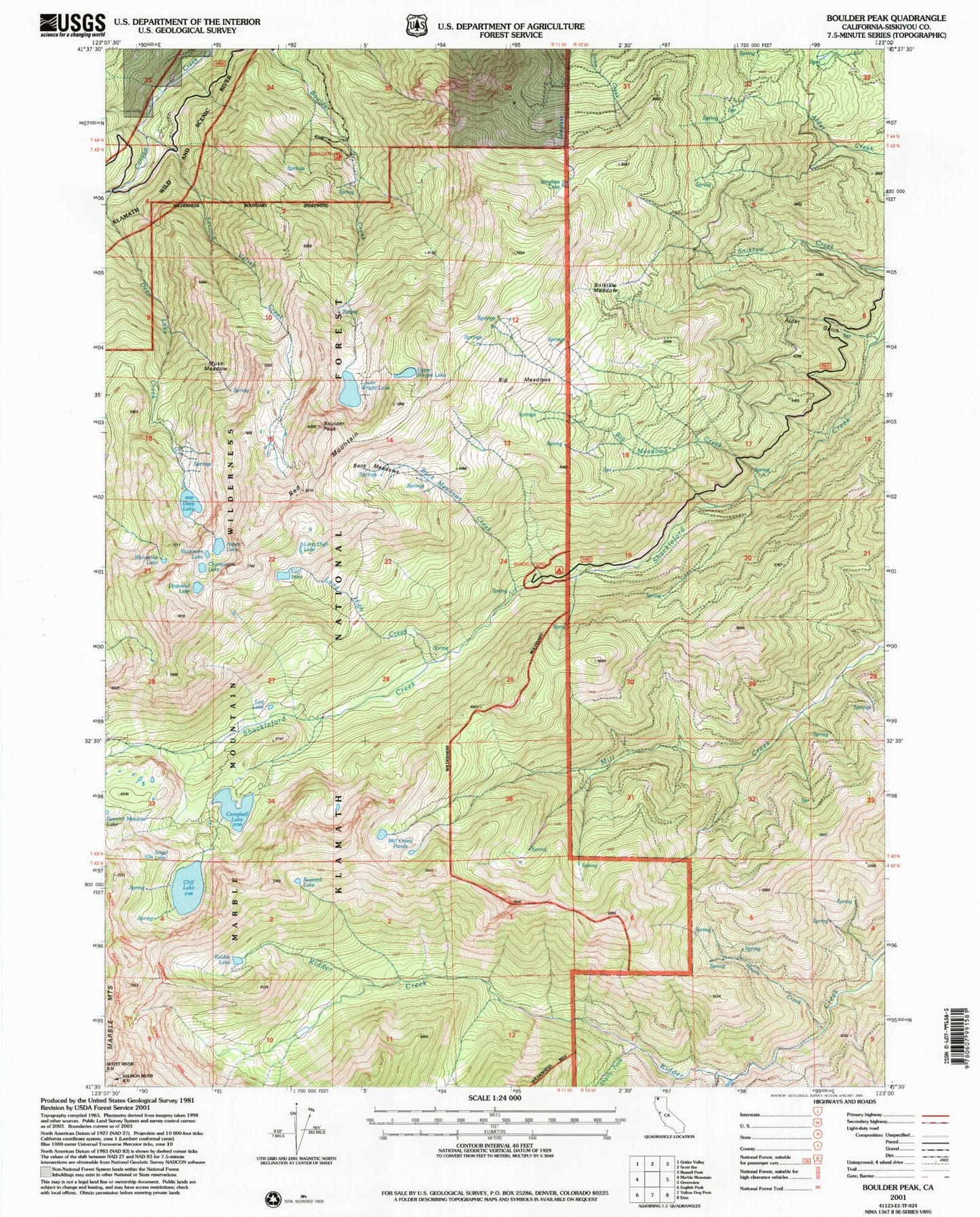 Classic USGS Boulder Peak California 7.5'x7.5' Topo Map Image