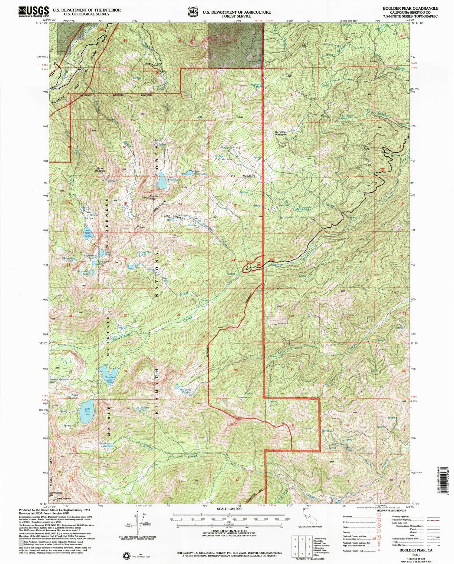 Classic USGS Boulder Peak California 7.5'x7.5' Topo Map Image