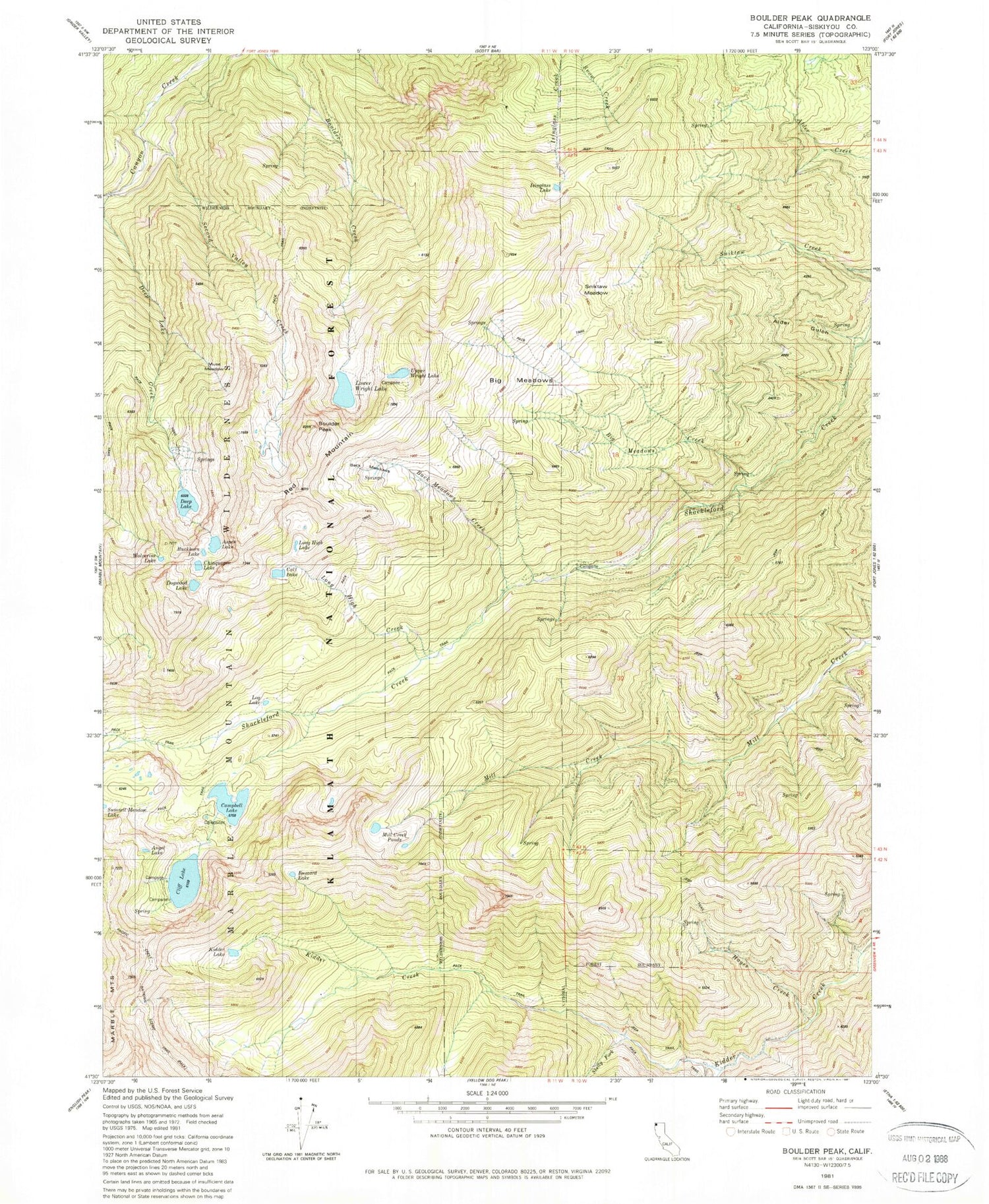 Classic USGS Boulder Peak California 7.5'x7.5' Topo Map Image