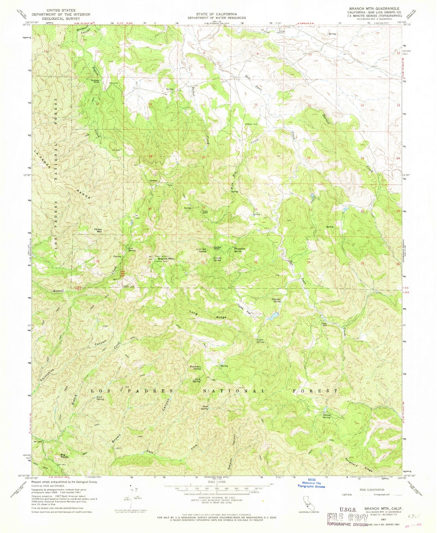 Classic USGS Branch Mountain California 7.5'x7.5' Topo Map Image