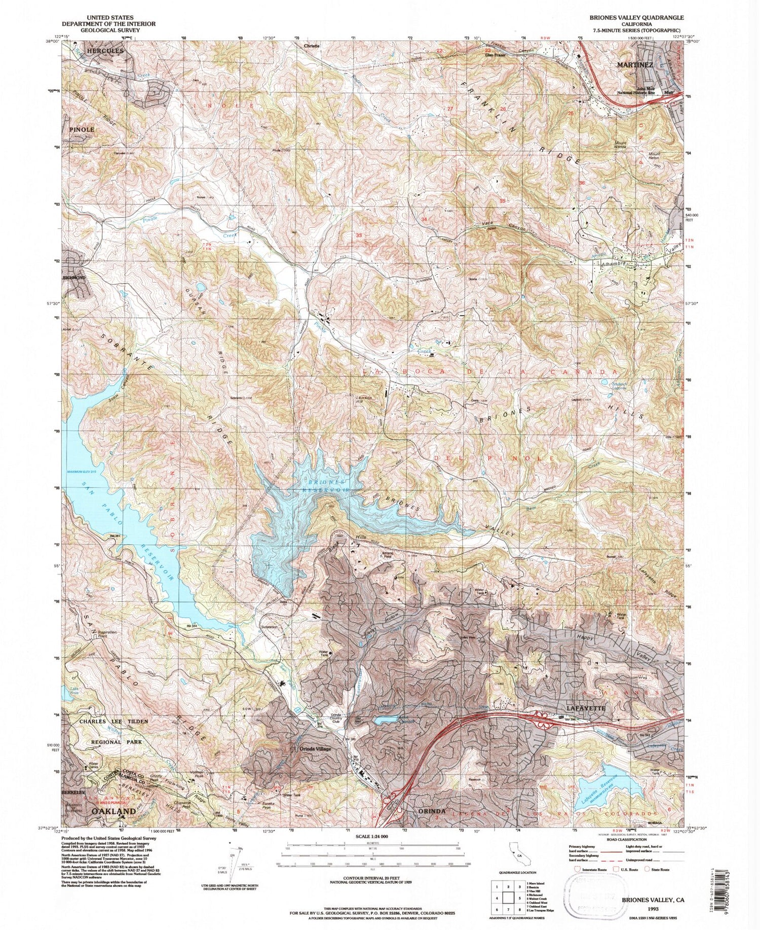 Classic USGS Briones Valley California 7.5'x7.5' Topo Map Image