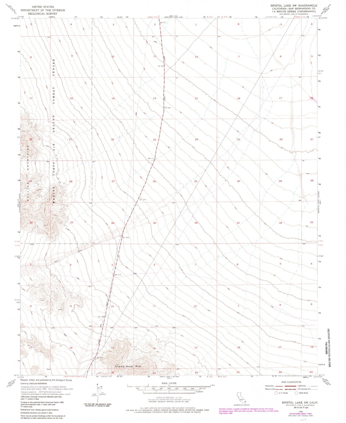 Classic USGS Bristol Lake SW California 7.5'x7.5' Topo Map Image