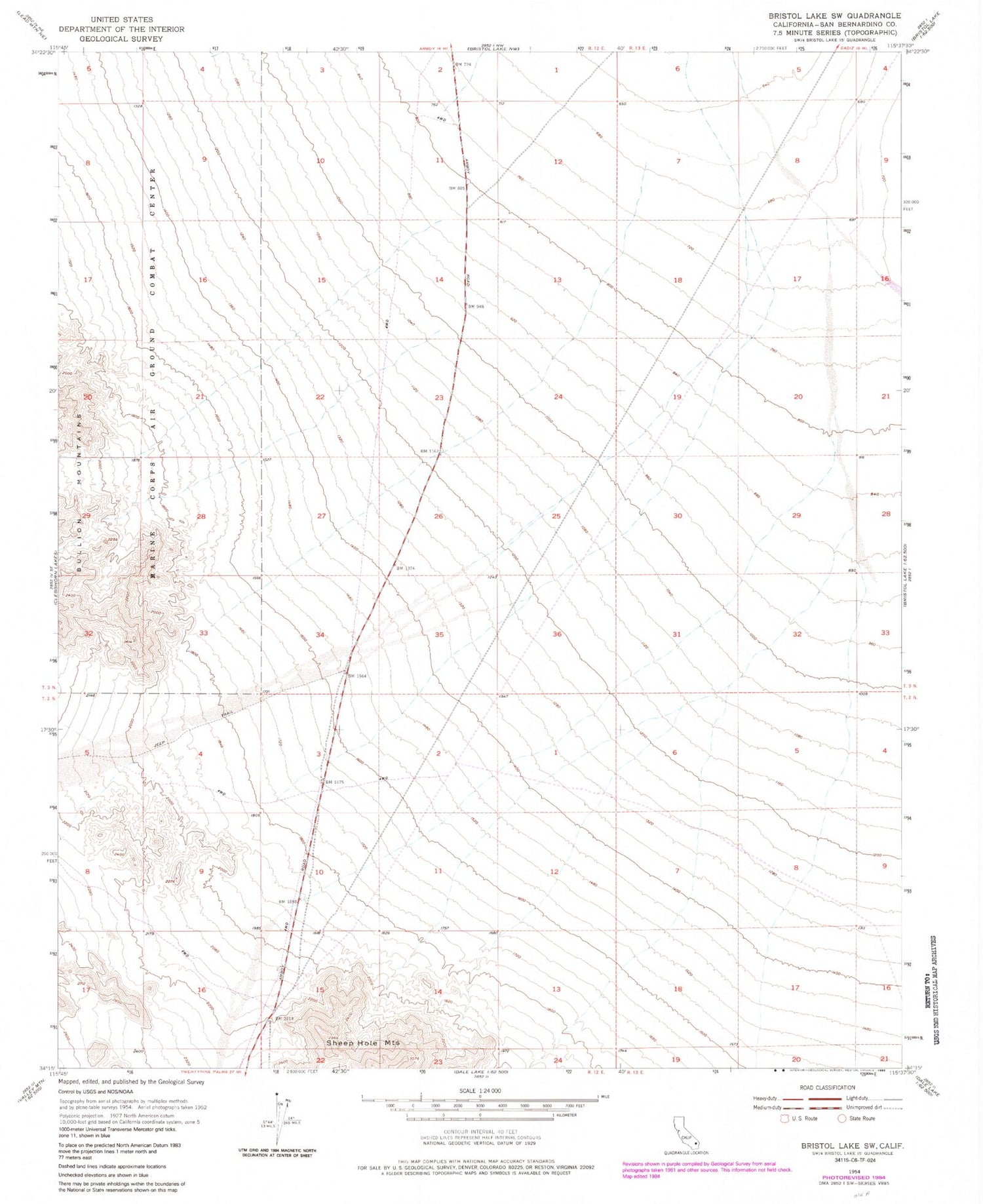 Classic USGS Bristol Lake SW California 7.5'x7.5' Topo Map Image