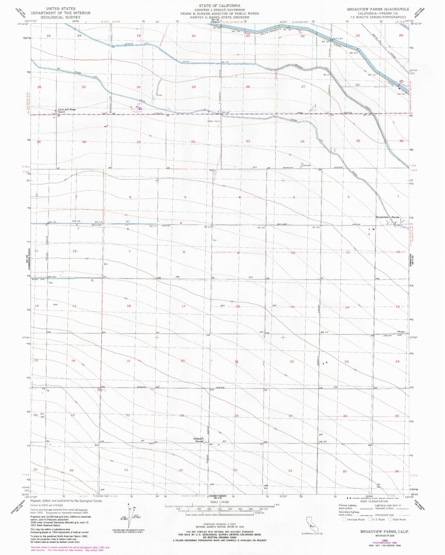 Classic USGS Broadview Farms California 7.5'x7.5' Topo Map Image