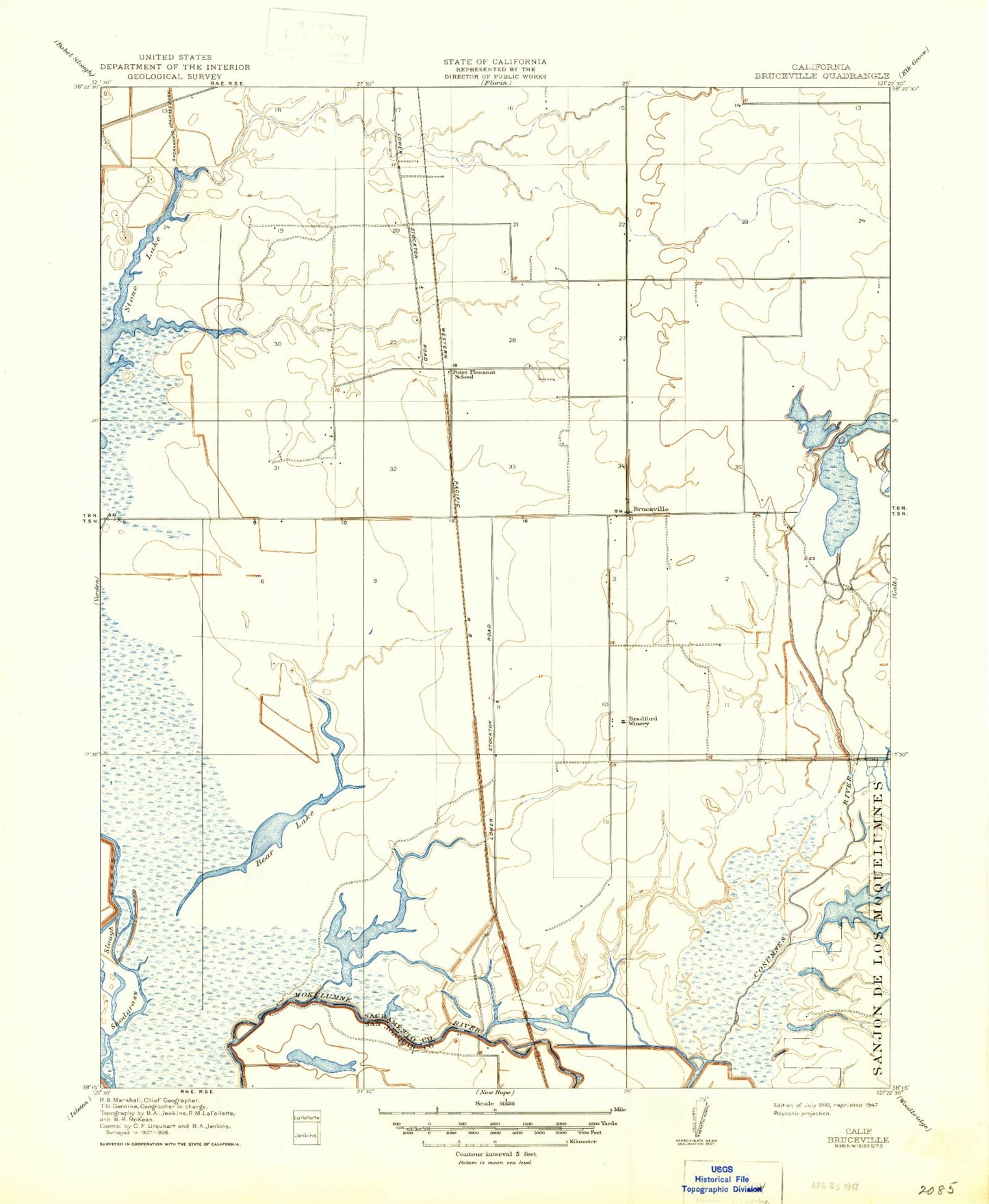 Classic USGS Bruceville California 7.5'x7.5' Topo Map Image