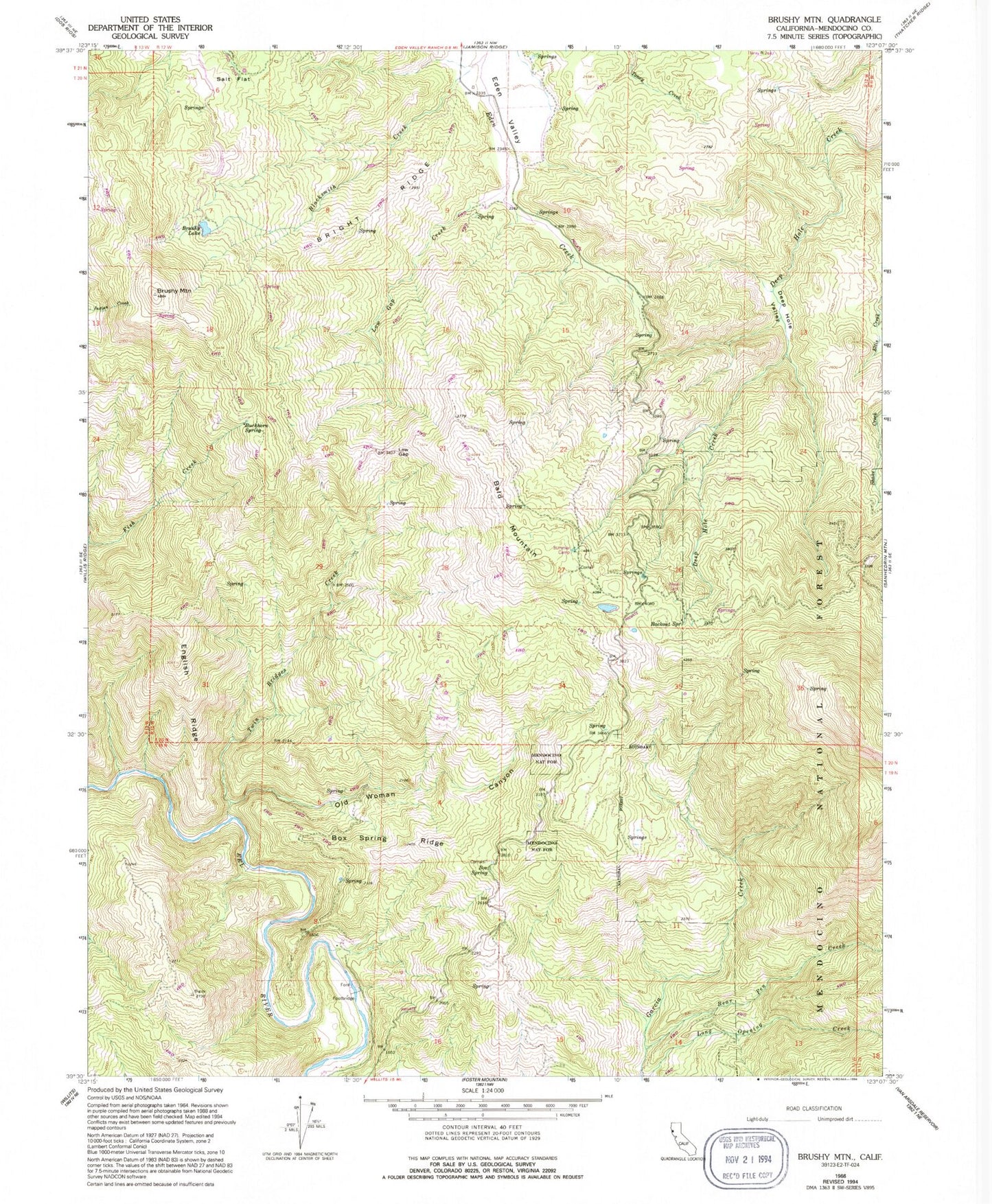 Classic USGS Brushy Mountain California 7.5'x7.5' Topo Map Image