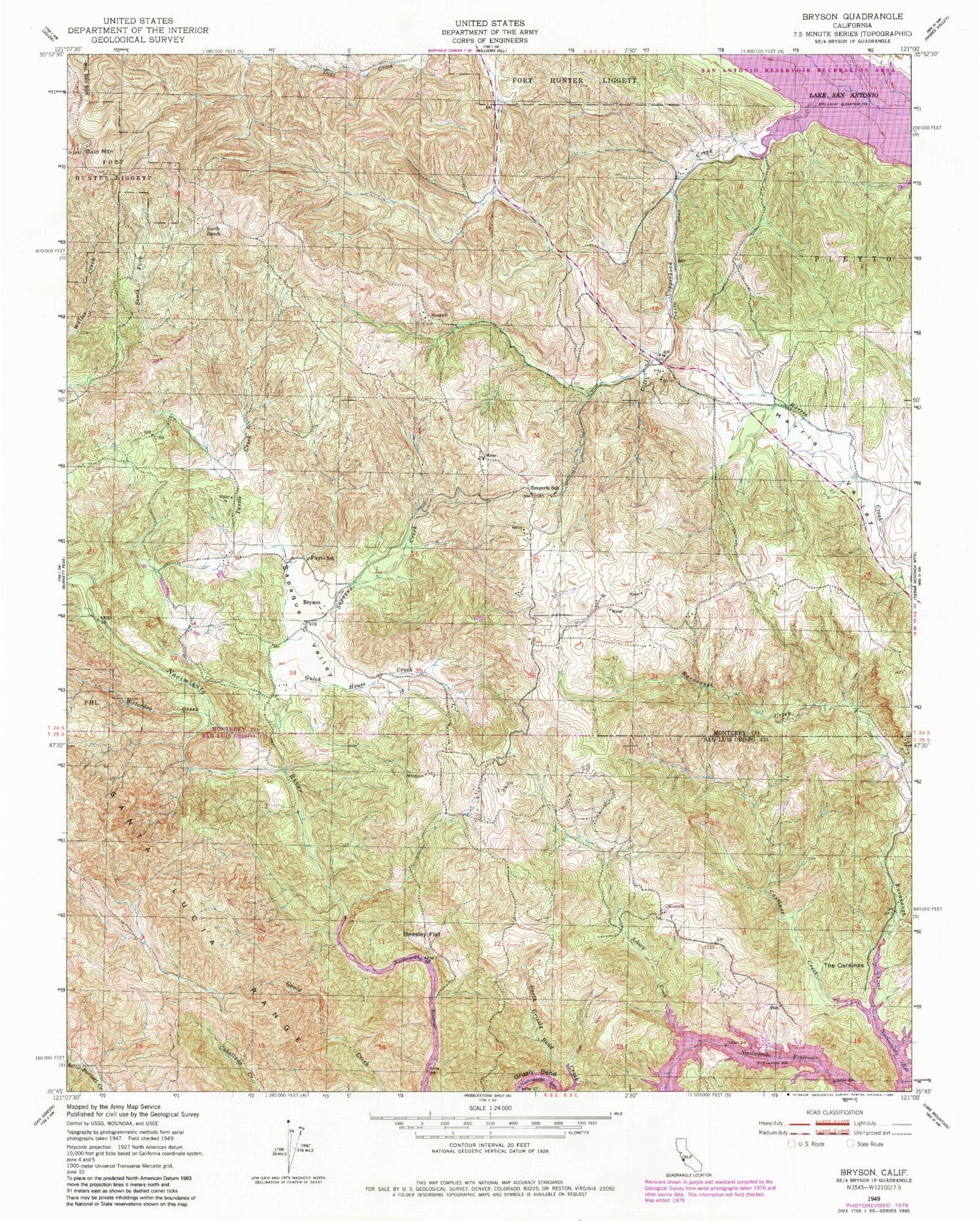 Classic USGS Bryson California 7.5'x7.5' Topo Map Image