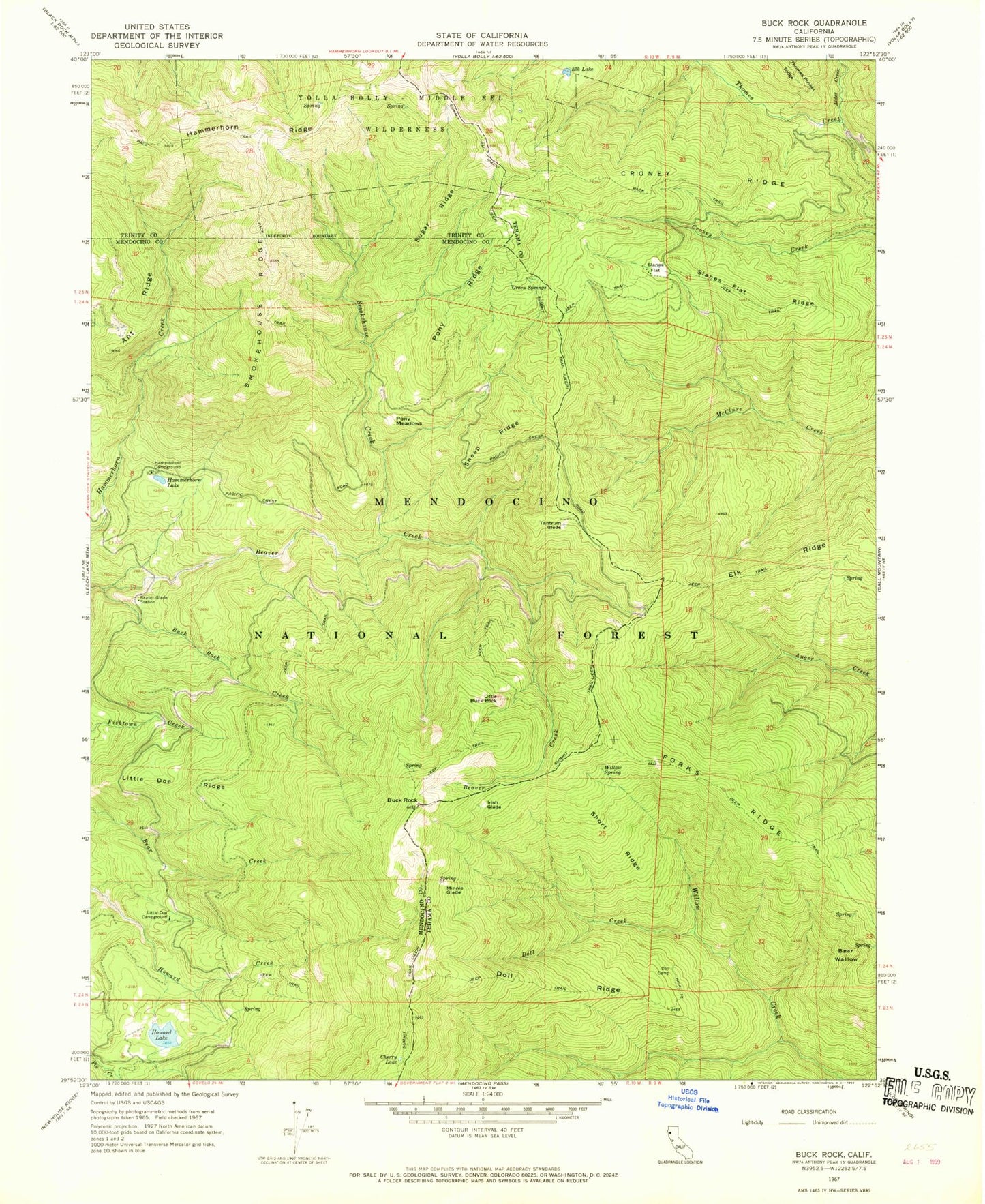 Classic USGS Buck Rock California 7.5'x7.5' Topo Map Image