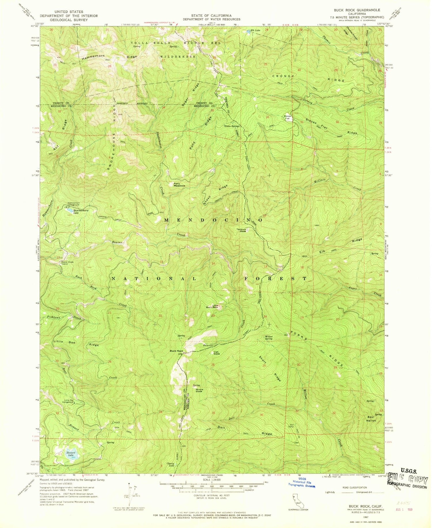 Classic USGS Buck Rock California 7.5'x7.5' Topo Map Image