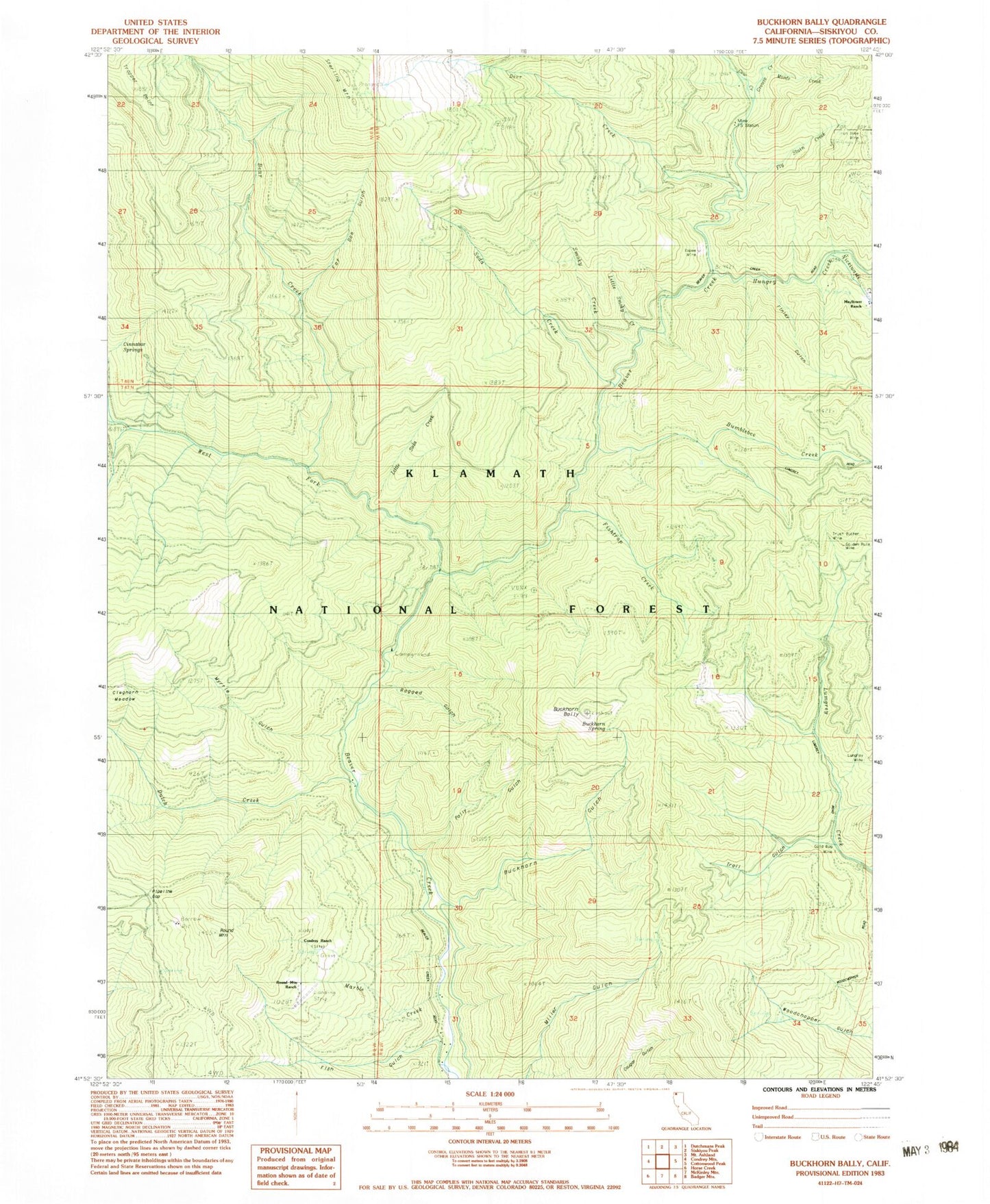 Classic USGS Buckhorn Bally California 7.5'x7.5' Topo Map Image