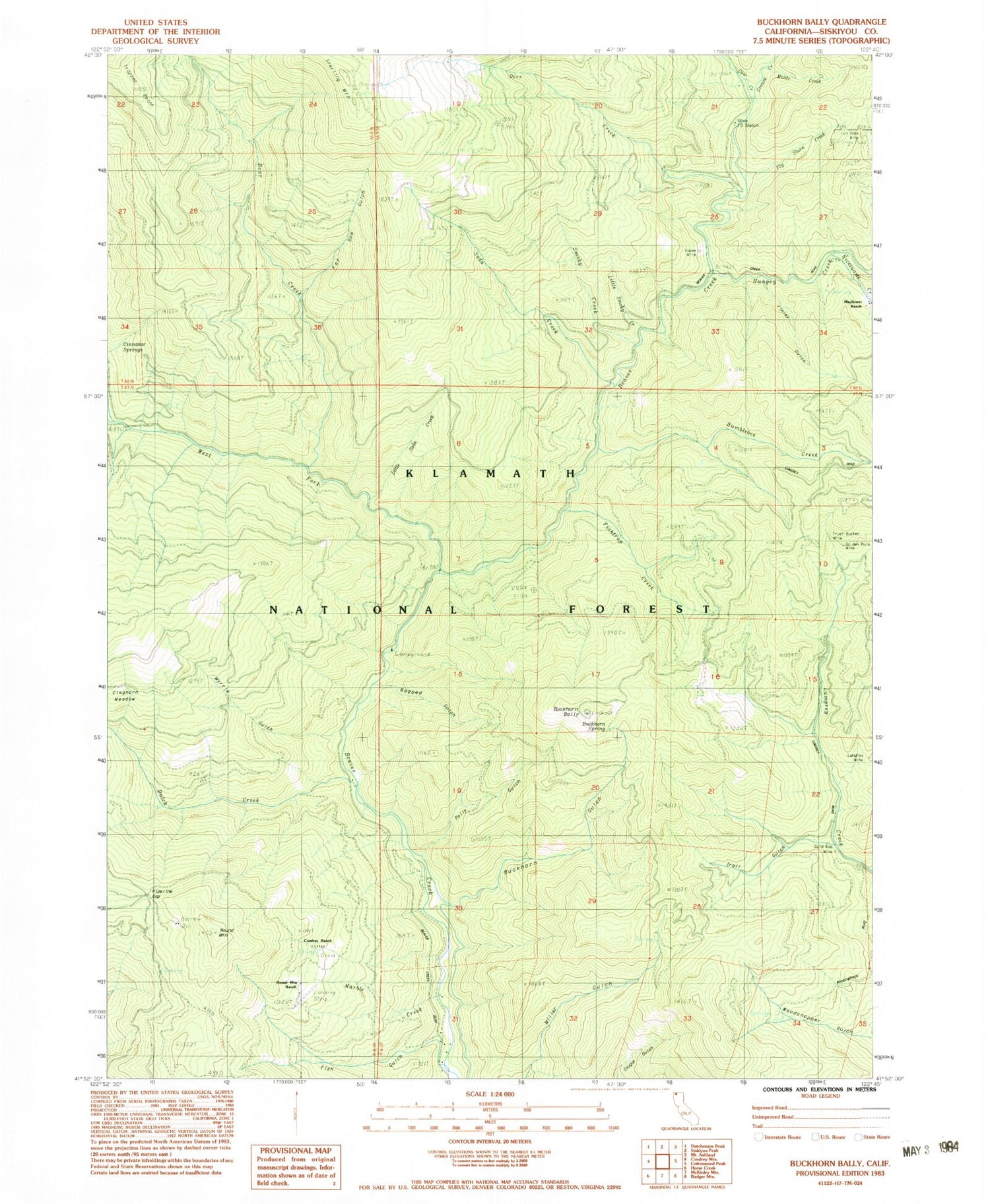Classic USGS Buckhorn Bally California 7.5'x7.5' Topo Map Image