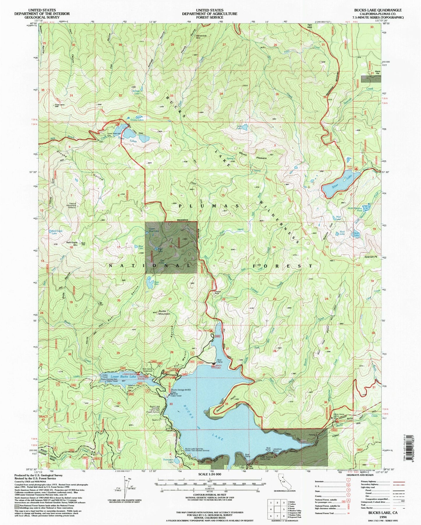 Classic USGS Bucks Lake California 7.5'x7.5' Topo Map Image