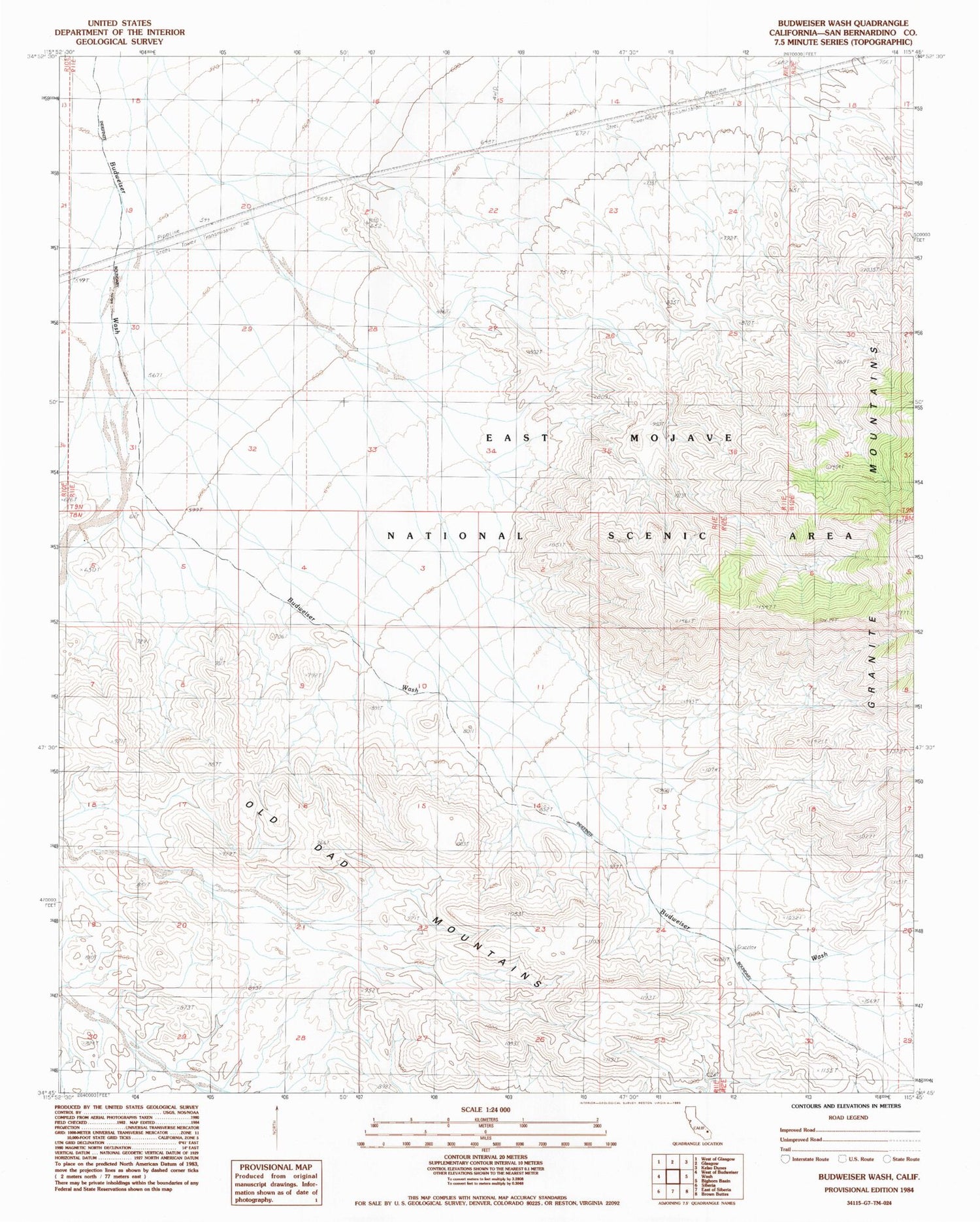Classic USGS Budweiser Wash California 7.5'x7.5' Topo Map Image