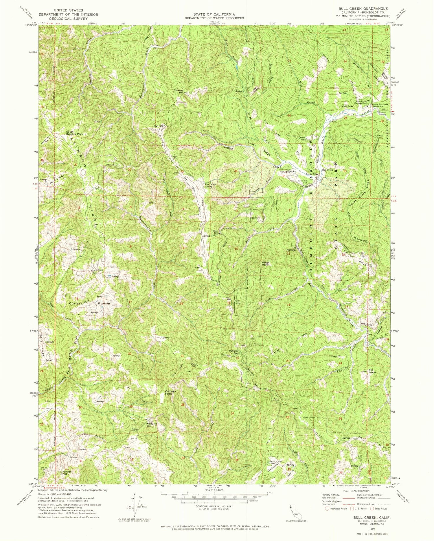 Classic USGS Bull Creek California 7.5'x7.5' Topo Map Image
