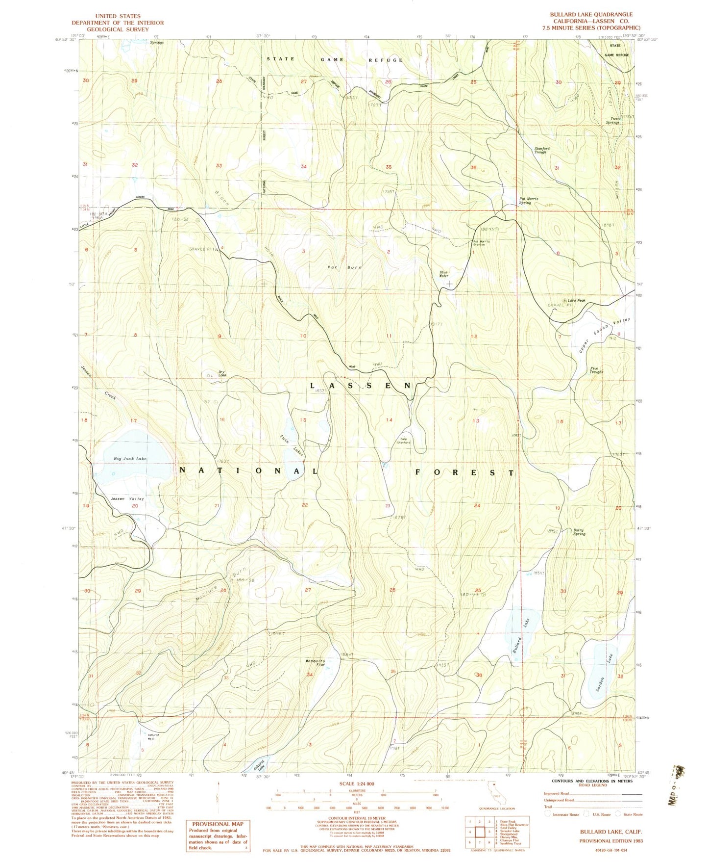 Classic USGS Bullard Lake California 7.5'x7.5' Topo Map Image