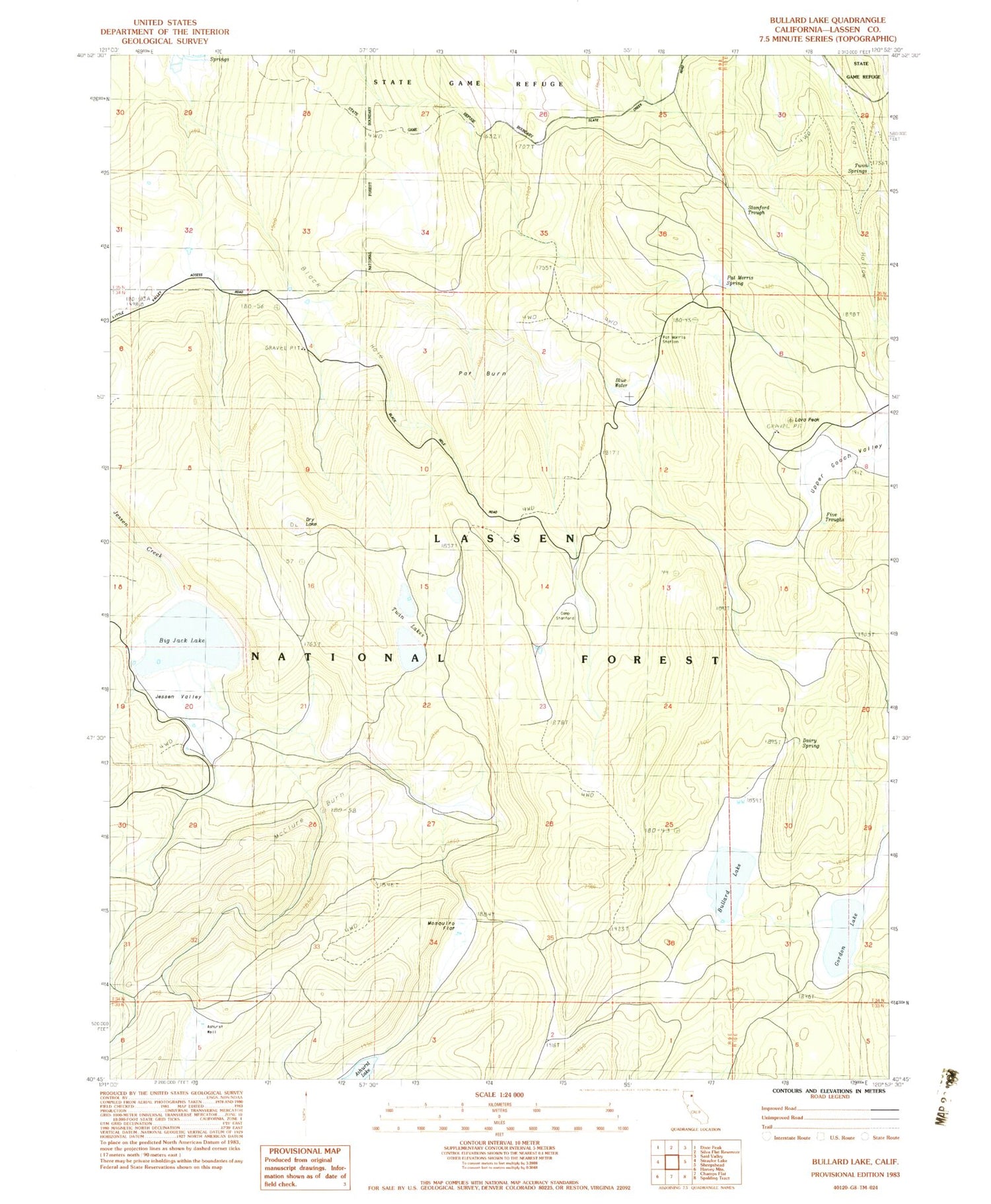 Classic USGS Bullard Lake California 7.5'x7.5' Topo Map Image