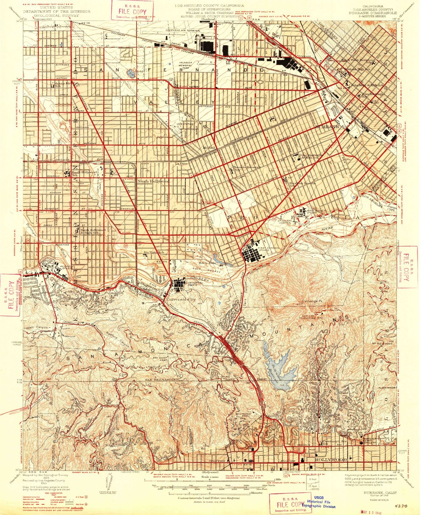 Classic USGS Burbank California 7.5'x7.5' Topo Map Image