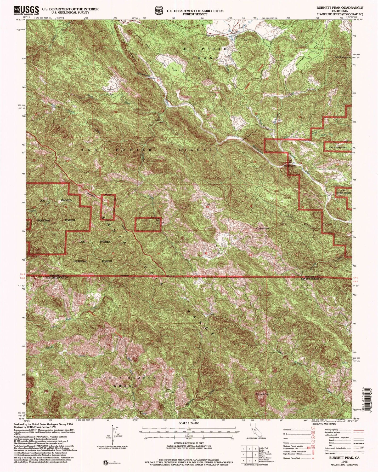 Classic USGS Burnett Peak California 7.5'x7.5' Topo Map Image