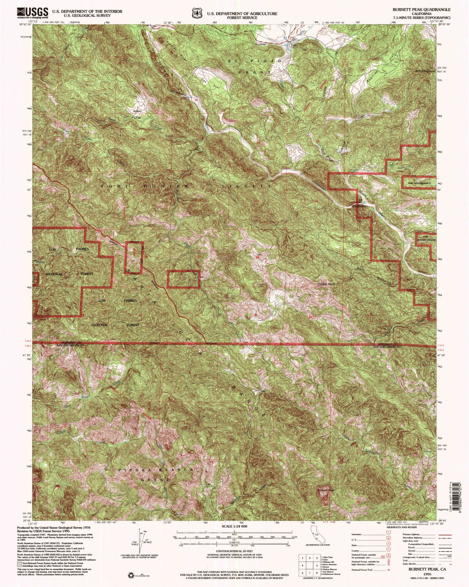 Classic USGS Burnett Peak California 7.5'x7.5' Topo Map Image