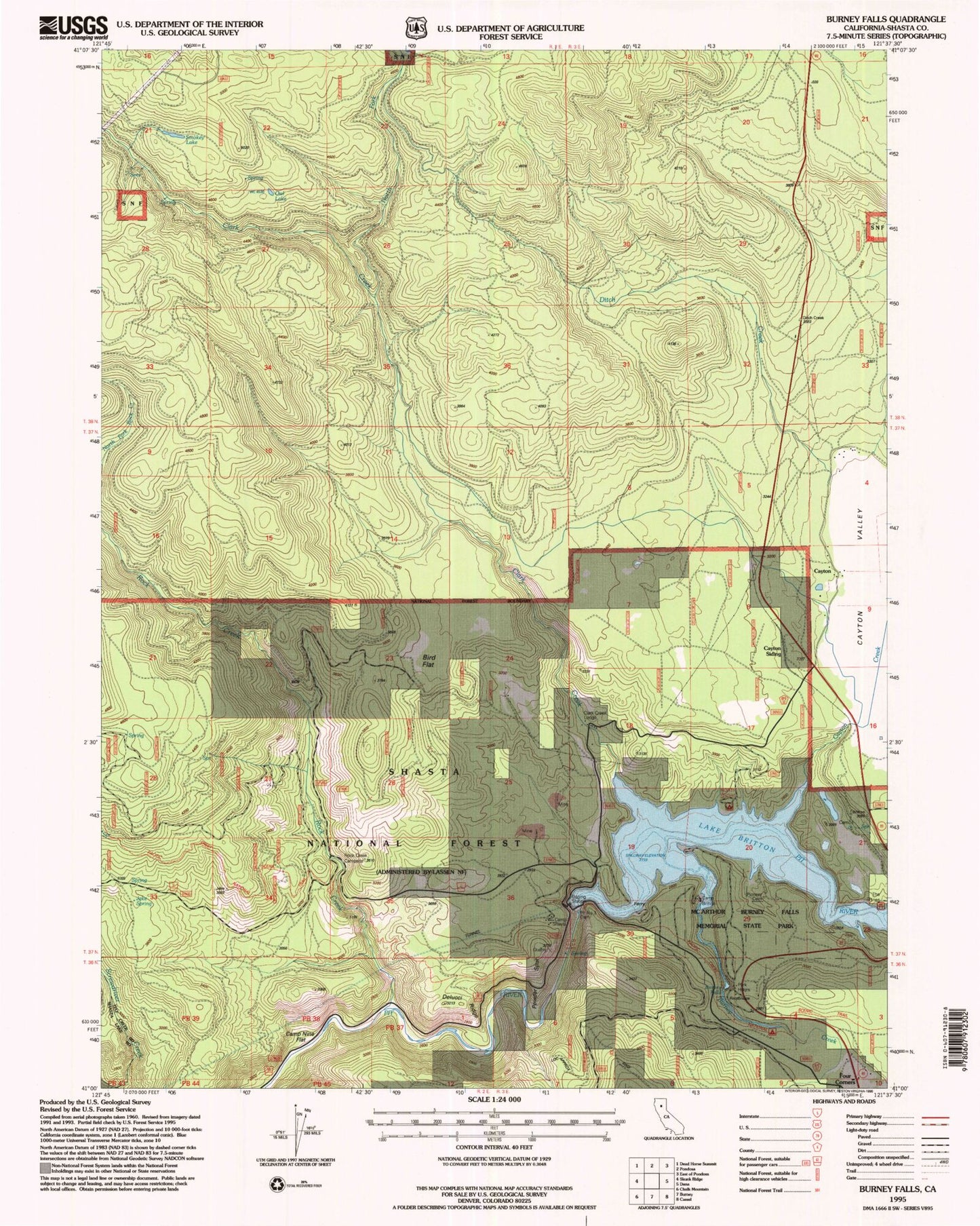 Classic USGS Burney Falls California 7.5'x7.5' Topo Map Image