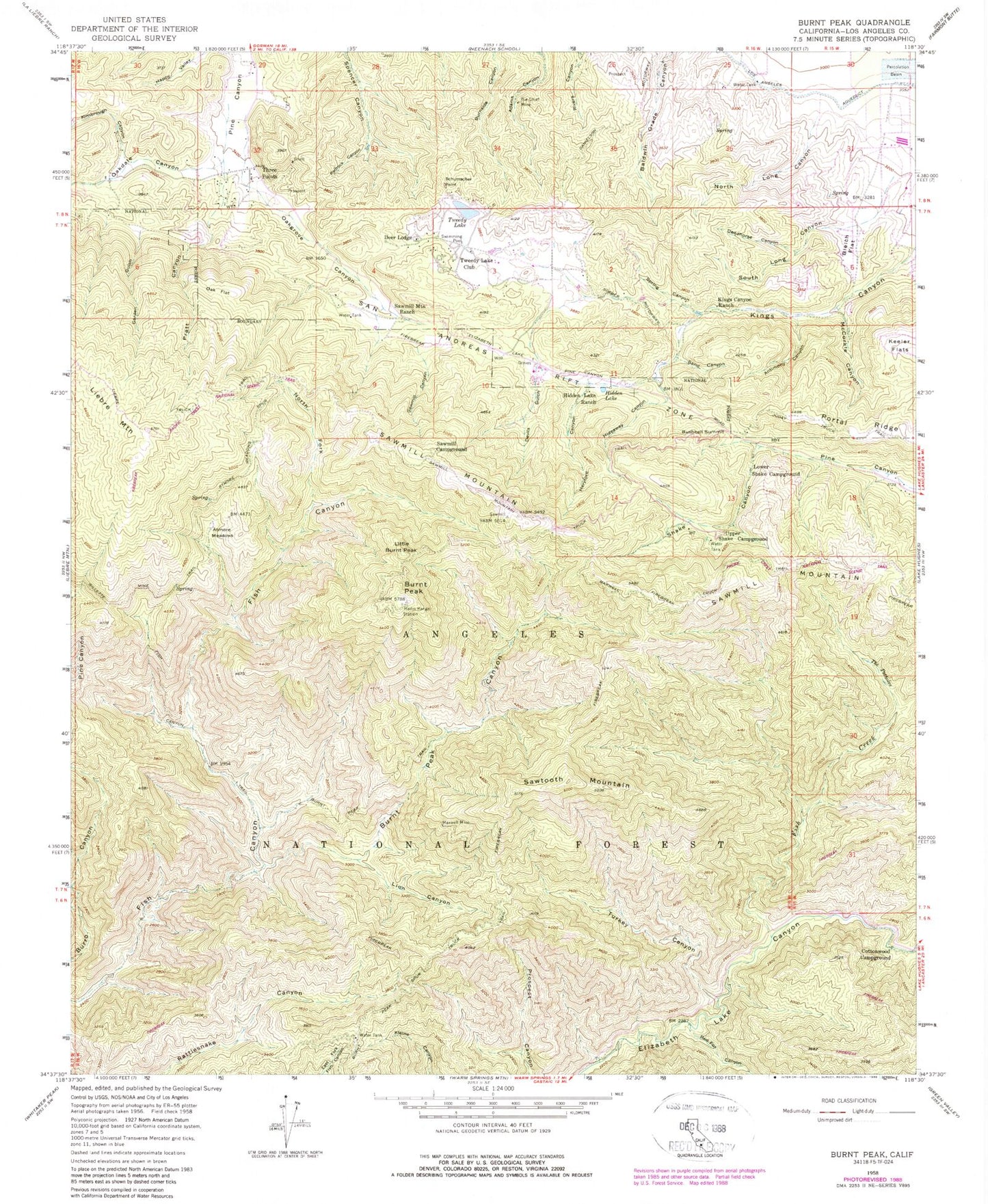 Classic USGS Burnt Peak California 7.5'x7.5' Topo Map Image