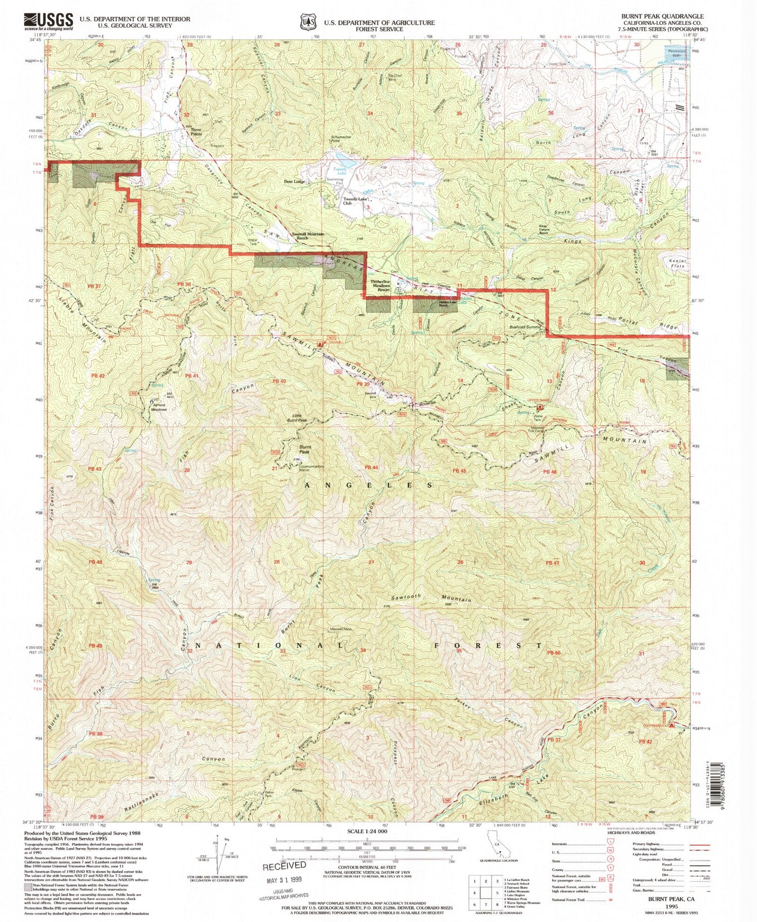 Classic USGS Burnt Peak California 7.5'x7.5' Topo Map Image